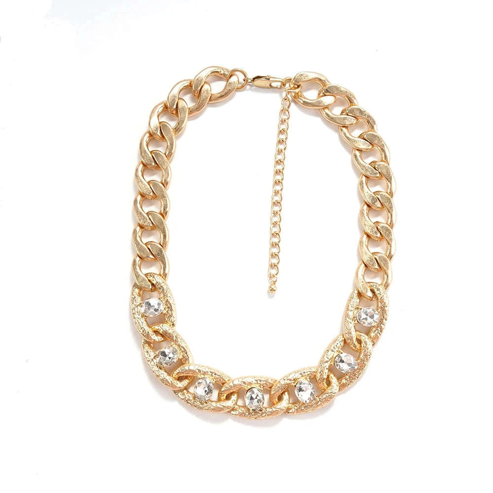 Chunky Gold Curb Chain Necklace with Crystal Accents Adjustable Fit-MY250900015G224