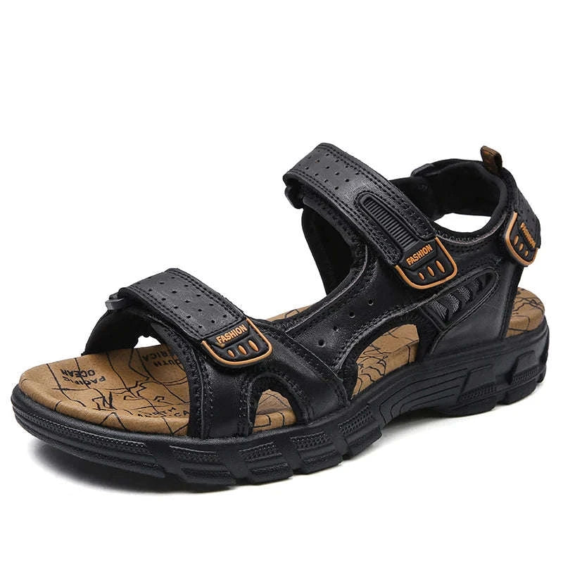 Classic Men's Genuine Leather Gladiator Sandals-Black / 6.5