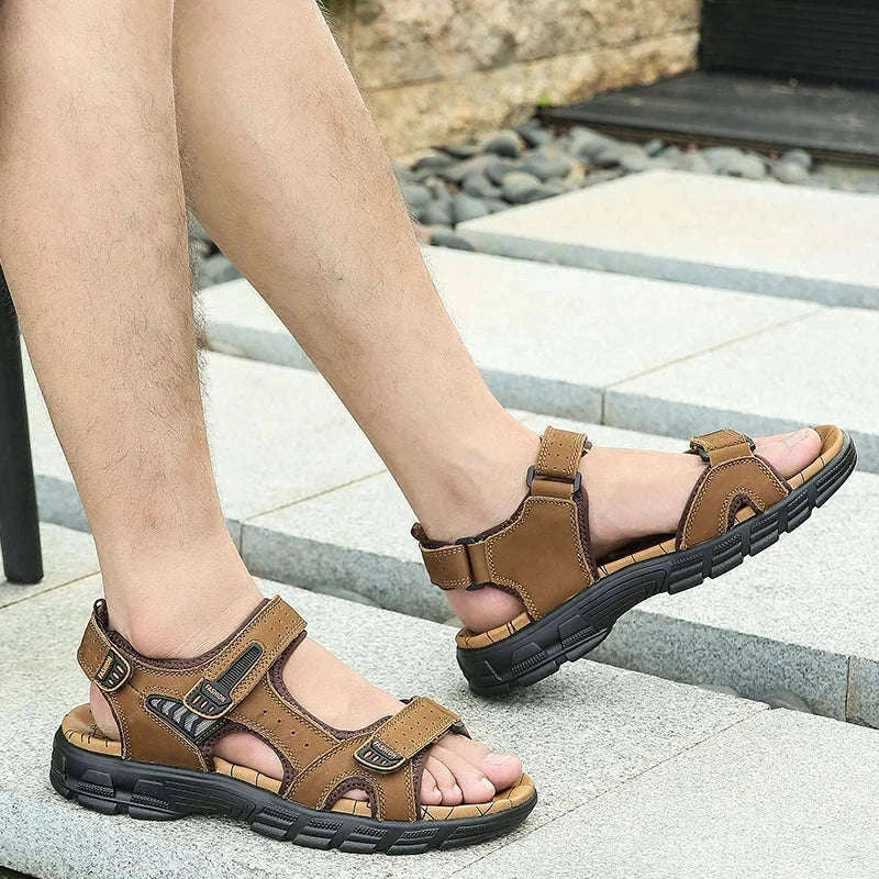 Classic Men's Genuine Leather Gladiator Sandals-Black / 6.5