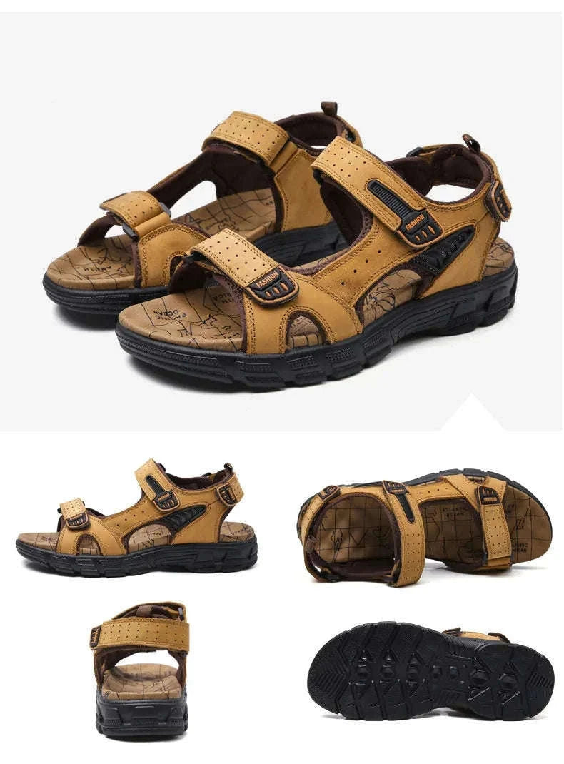 Classic Men's Genuine Leather Gladiator Sandals-Black / 6.5
