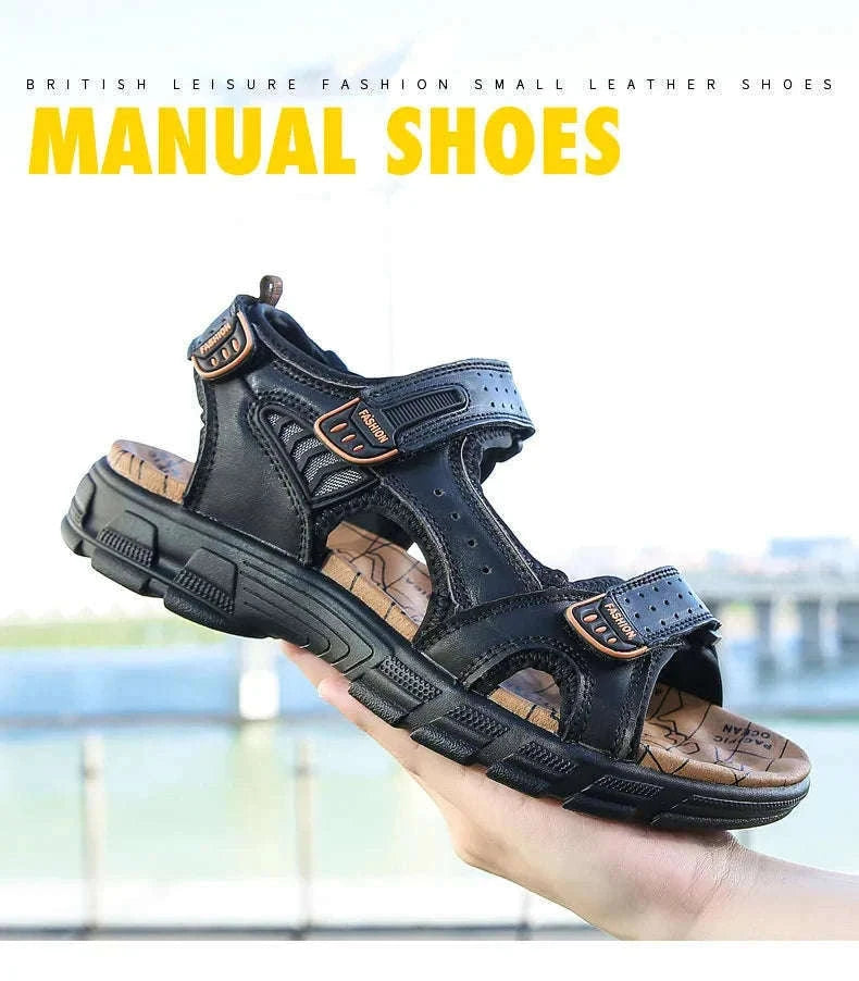 Classic Men's Genuine Leather Gladiator Sandals-Black / 6.5
