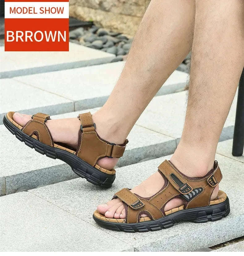 Classic Men's Genuine Leather Gladiator Sandals-Black / 6.5