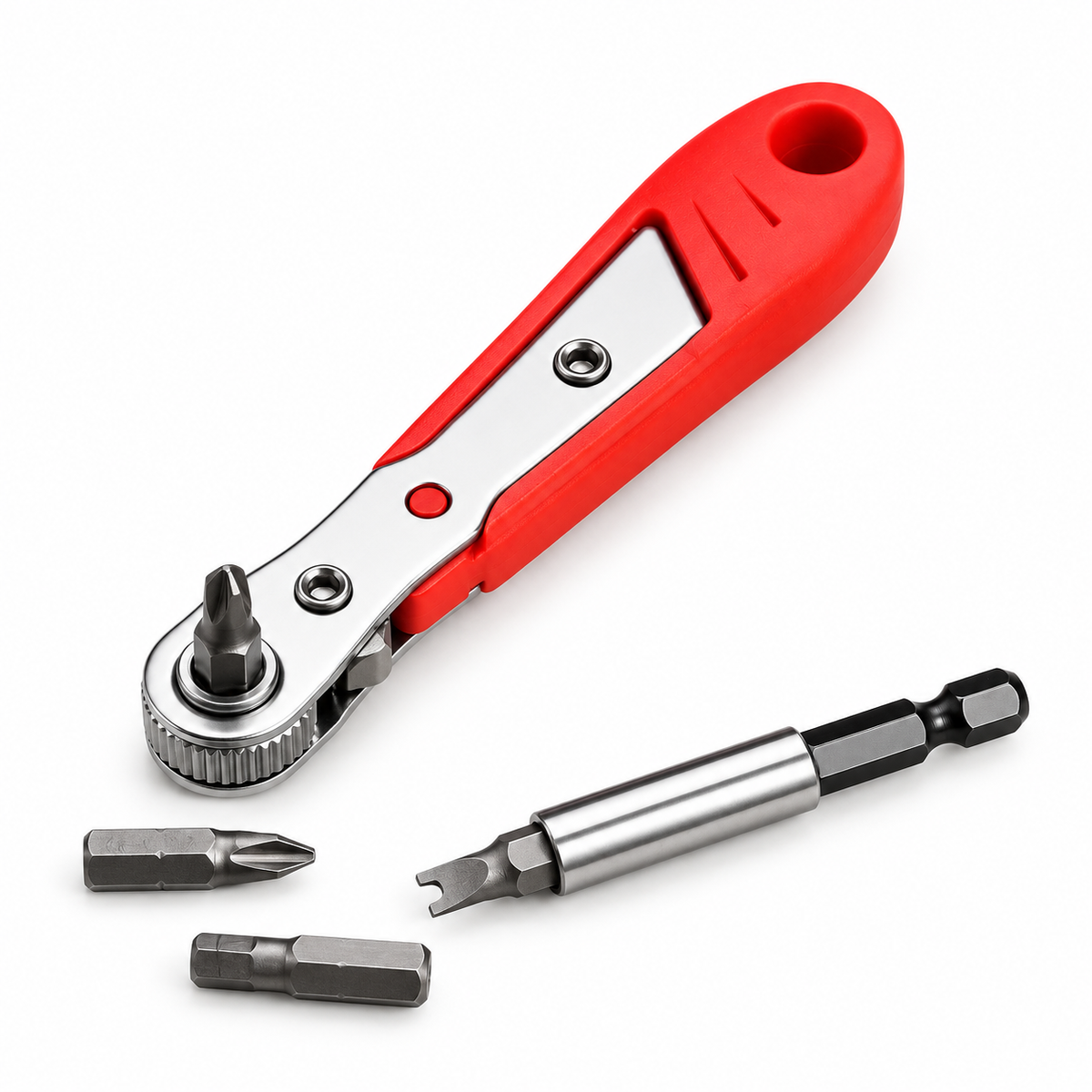 Red 5-Position Reversible Ratchet Screwdriver, Right-Angle & Phillips Head for Tight Spaces, Non-Slip Grip, No Assembly Needed
