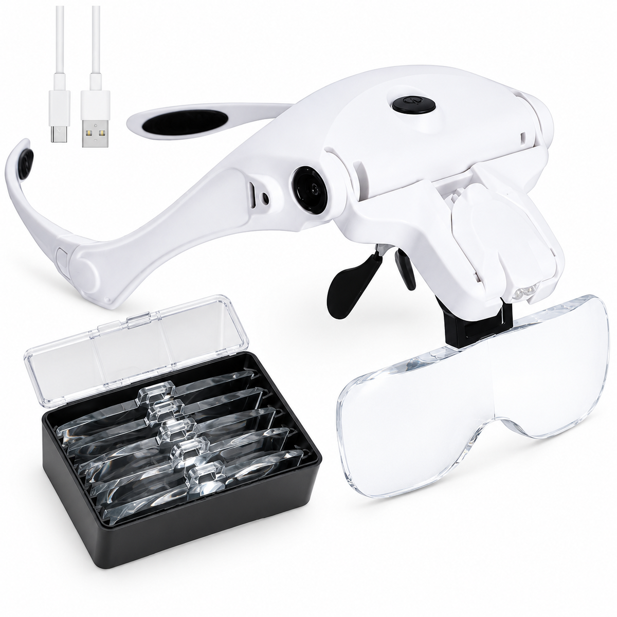 Headband Magnifying Glass, USB Charging Head Magnifier with LED Light Jewelry Craft Watch Hobby 5 Lenses 1.0X 1.5X 2.0X 2.5X 3.5