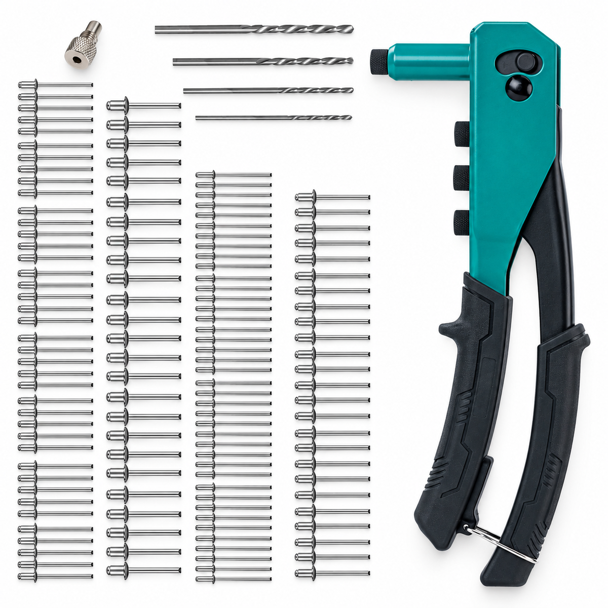Libraton Rivet Gun Kit with 130 Blind Rivets, 4 HSS Drill Bits, 4 Tool-free Riveter Heads Heavy Duty Rivet Tool Hand Riveter