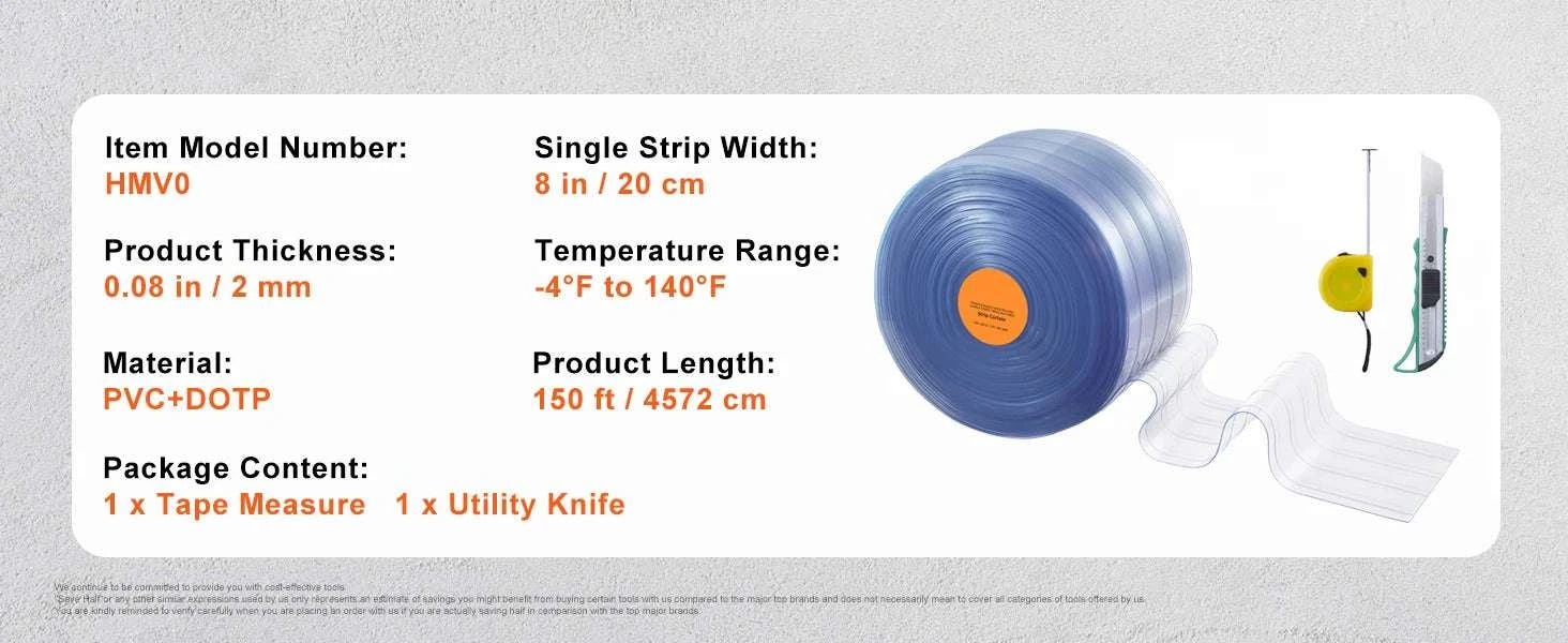 Clear PVC Strip Curtain Roll 150–164 ft Ribbed Door Strips-150 ft x 8 in / GERMANY