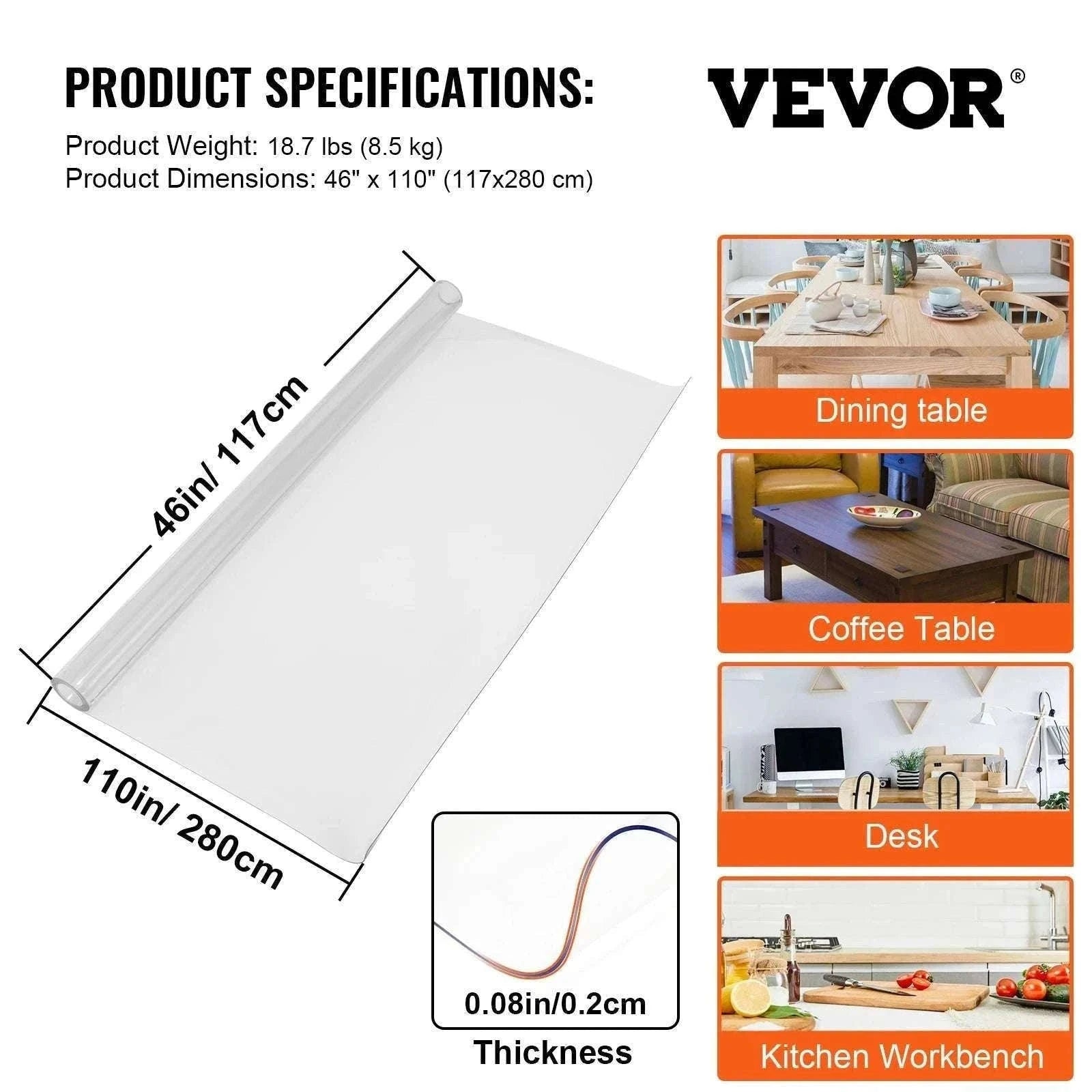 Clear PVC Table Protector Waterproof 1.5mm–2mm Thick Cover-46 x 72 Inch / spain