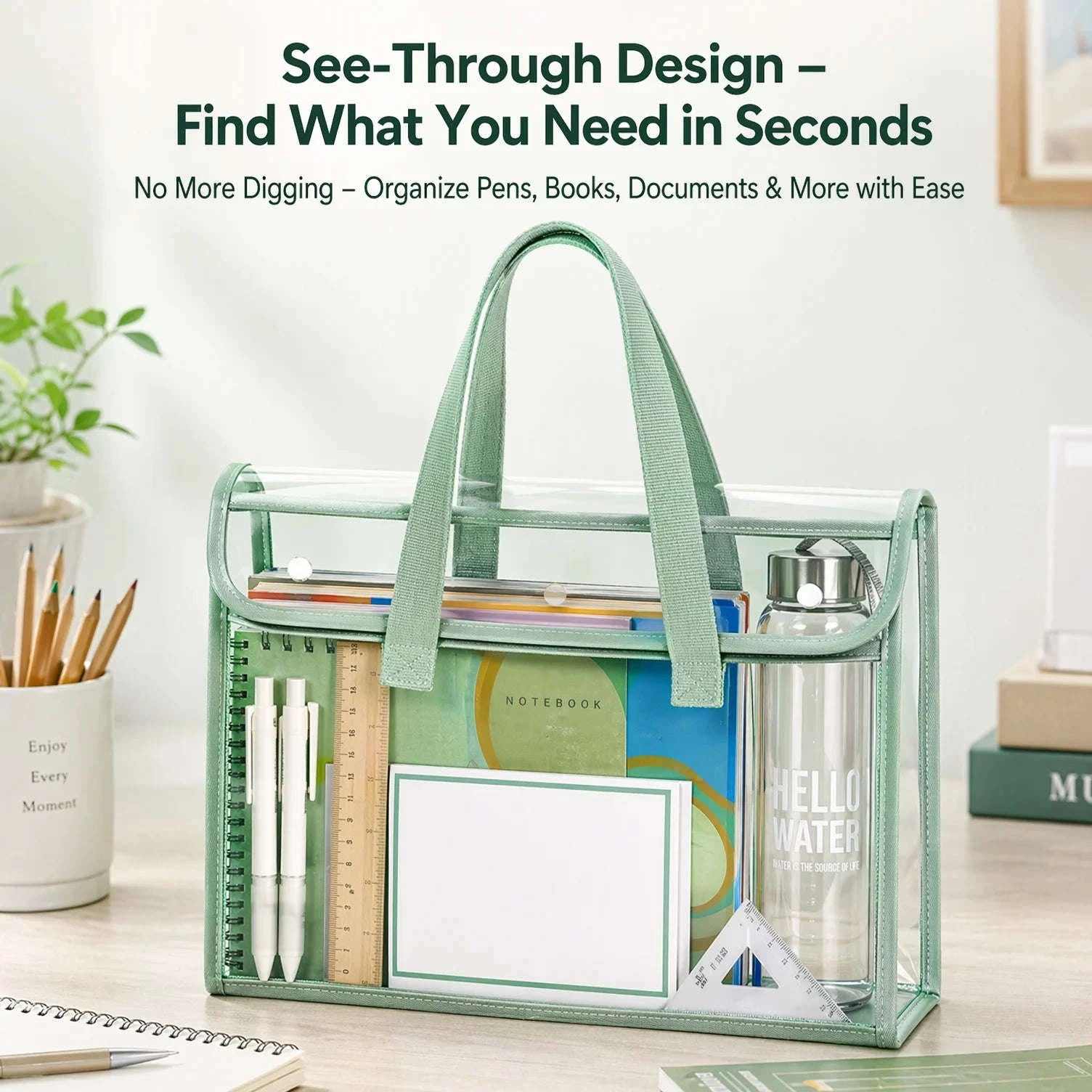 Clear PVC Tote Bag Large Capacity Waterproof with Reinforced Handle-green / United States