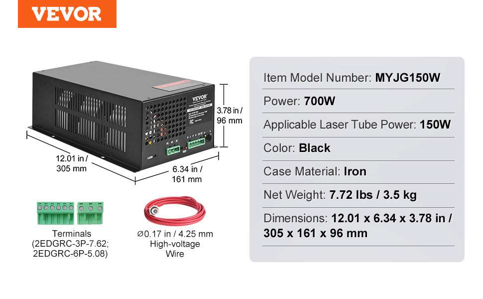 CO2 Laser Power Supply 40W–150W for Engravers & Cutters 110V-100W Black / United States