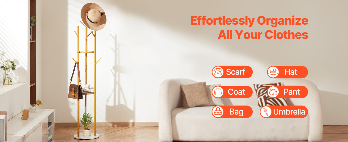 Freestanding Coat Rack with Quartz Base and 9 Hooks Stand