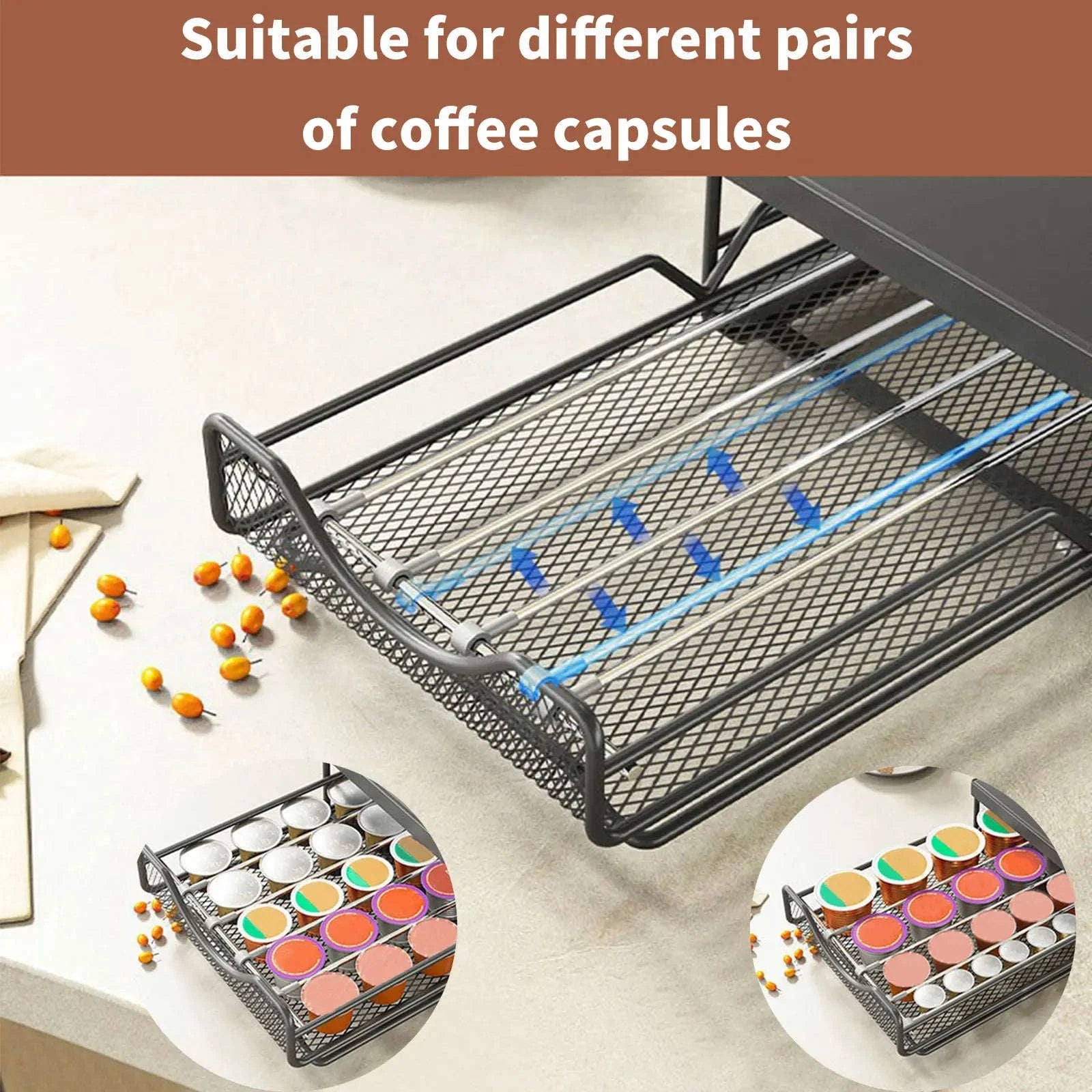 Coffee Capsule Storage Drawer for 40 Pods with Sliding Organizer-black / france