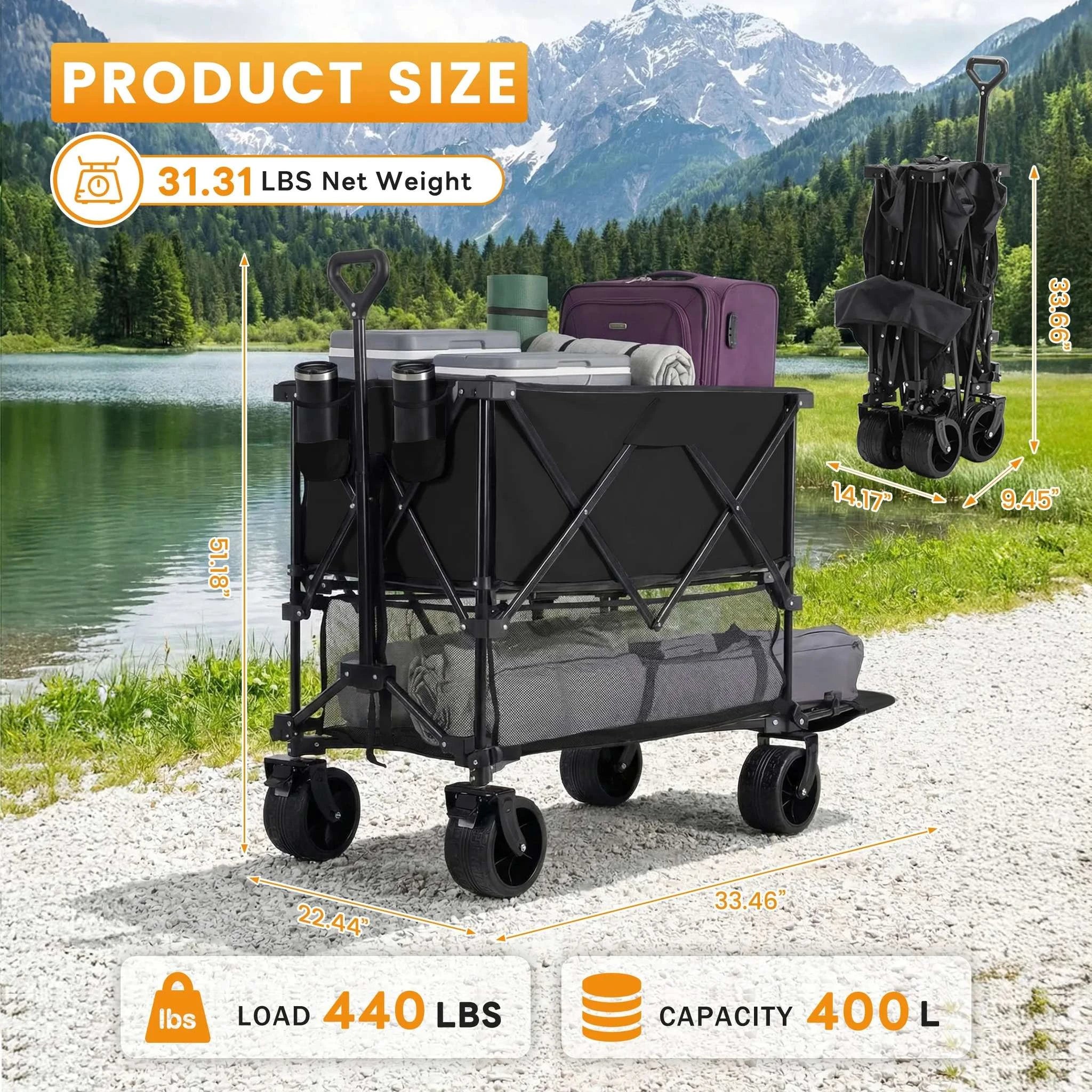 Collapsible Double Decker Wagon Cart 440lbs Heavy Duty Capacity-black / United States