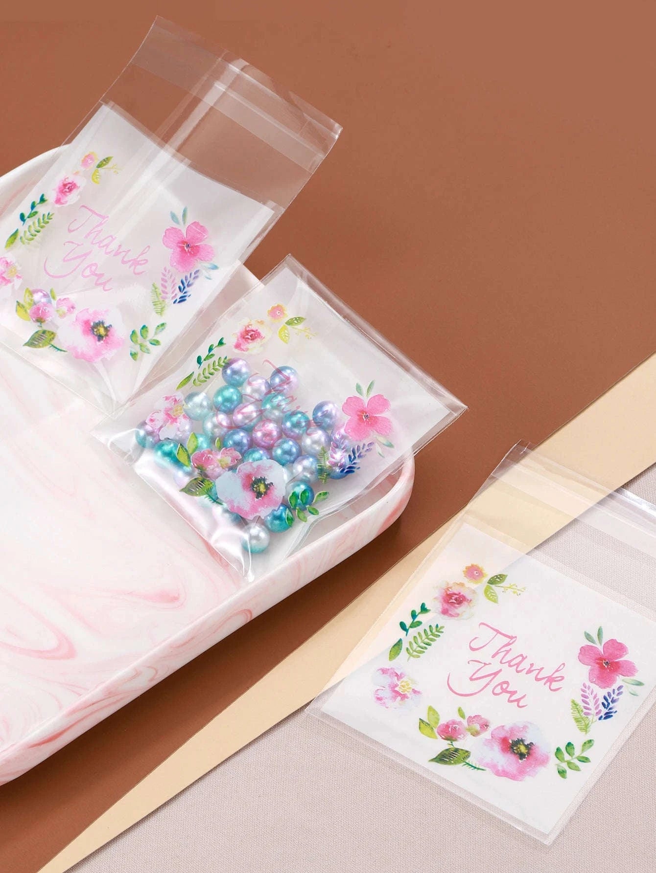 Colourful Flowers Thank You Self-Adhesive Bags (100pcs)-7x7cm