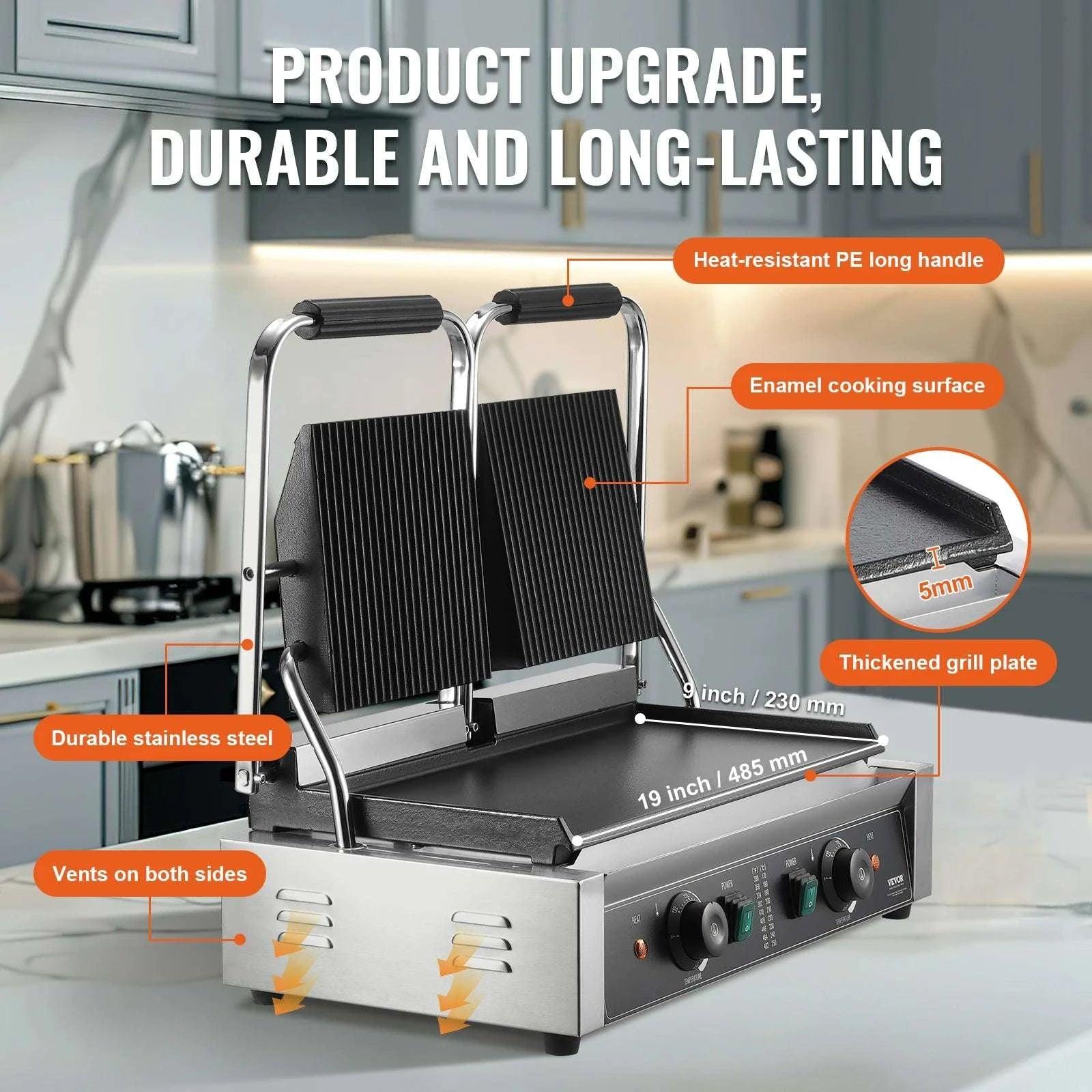 Commercial 3600W Panini Grill with Temp Control and 19x9 Surface-3600W 19x9in / United States