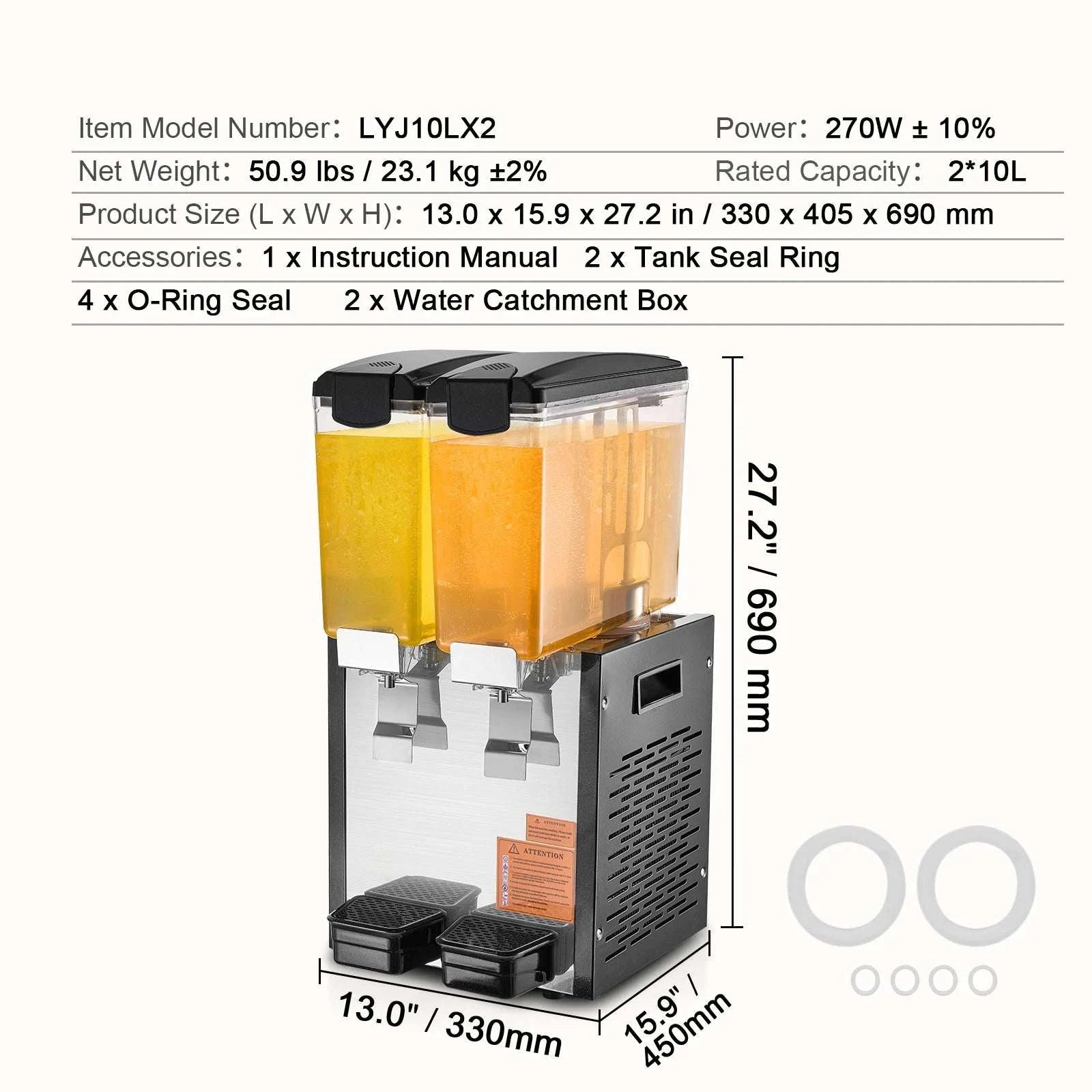 Commercial Beverage Dispenser 10L–18L Stainless Steel Cooling Machine-2x10L / United States