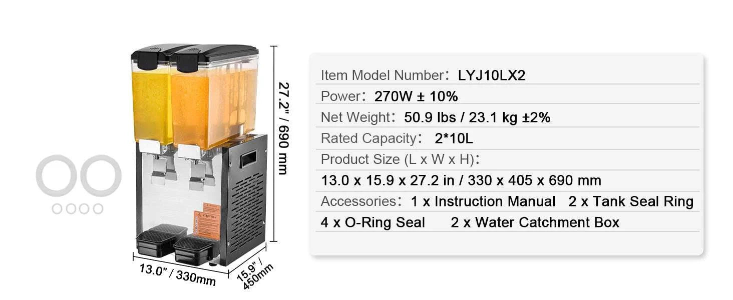 Commercial Beverage Dispenser 10L–18L Stainless Steel Cooling Machine-2x10L / United States