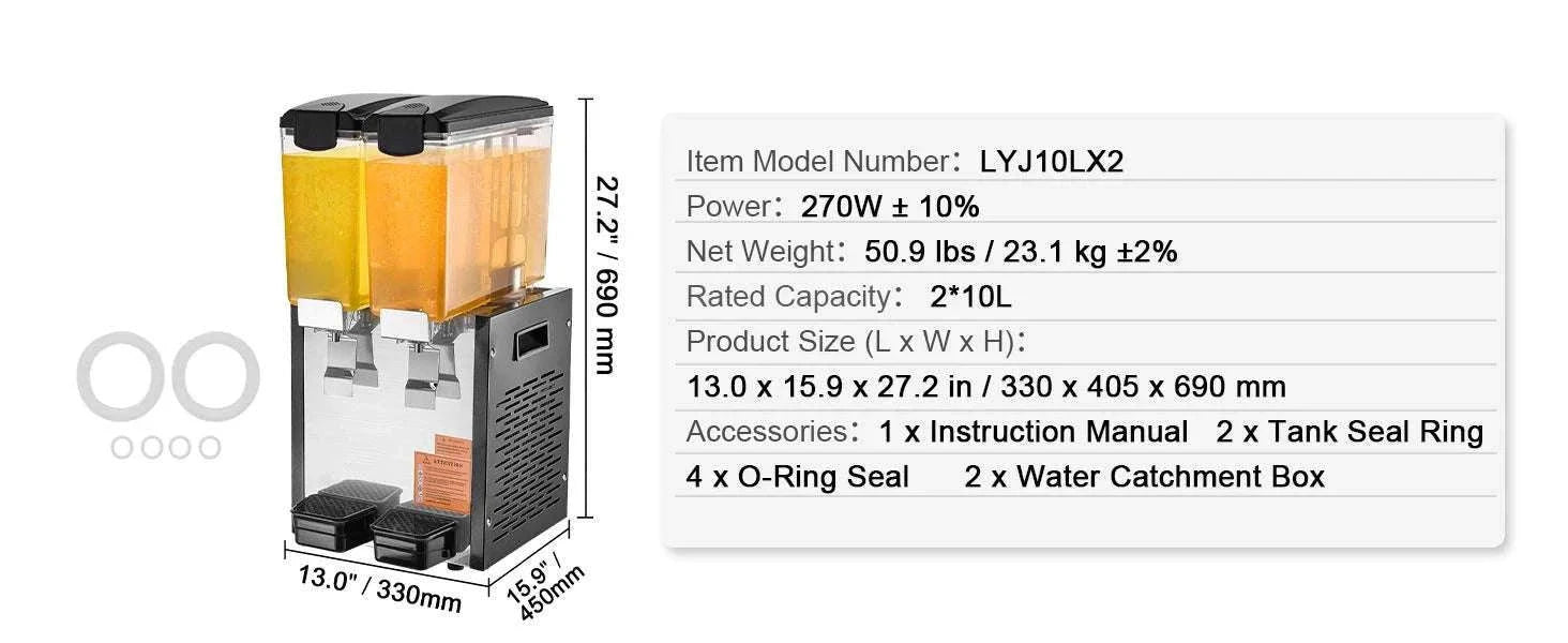 Commercial Beverage Dispenser 10L–18L Stainless Steel Cooling Machine-2x10L / United States