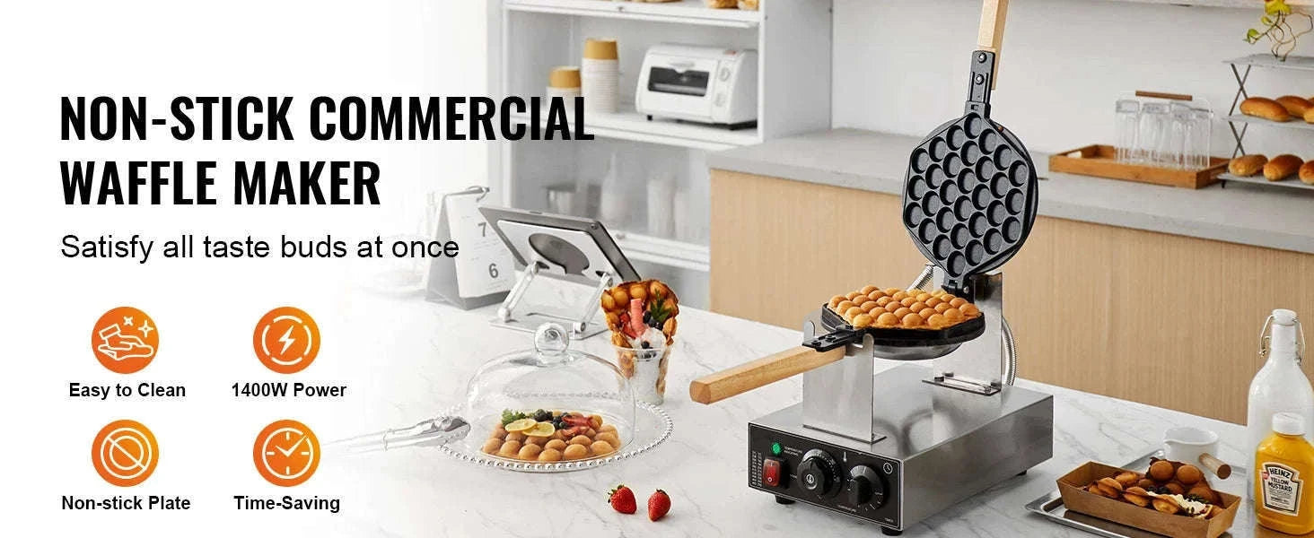 Commercial Bubble Waffle Maker 1400W Non-Stick Stainless Steel with 180° Rotating Plates-Germany