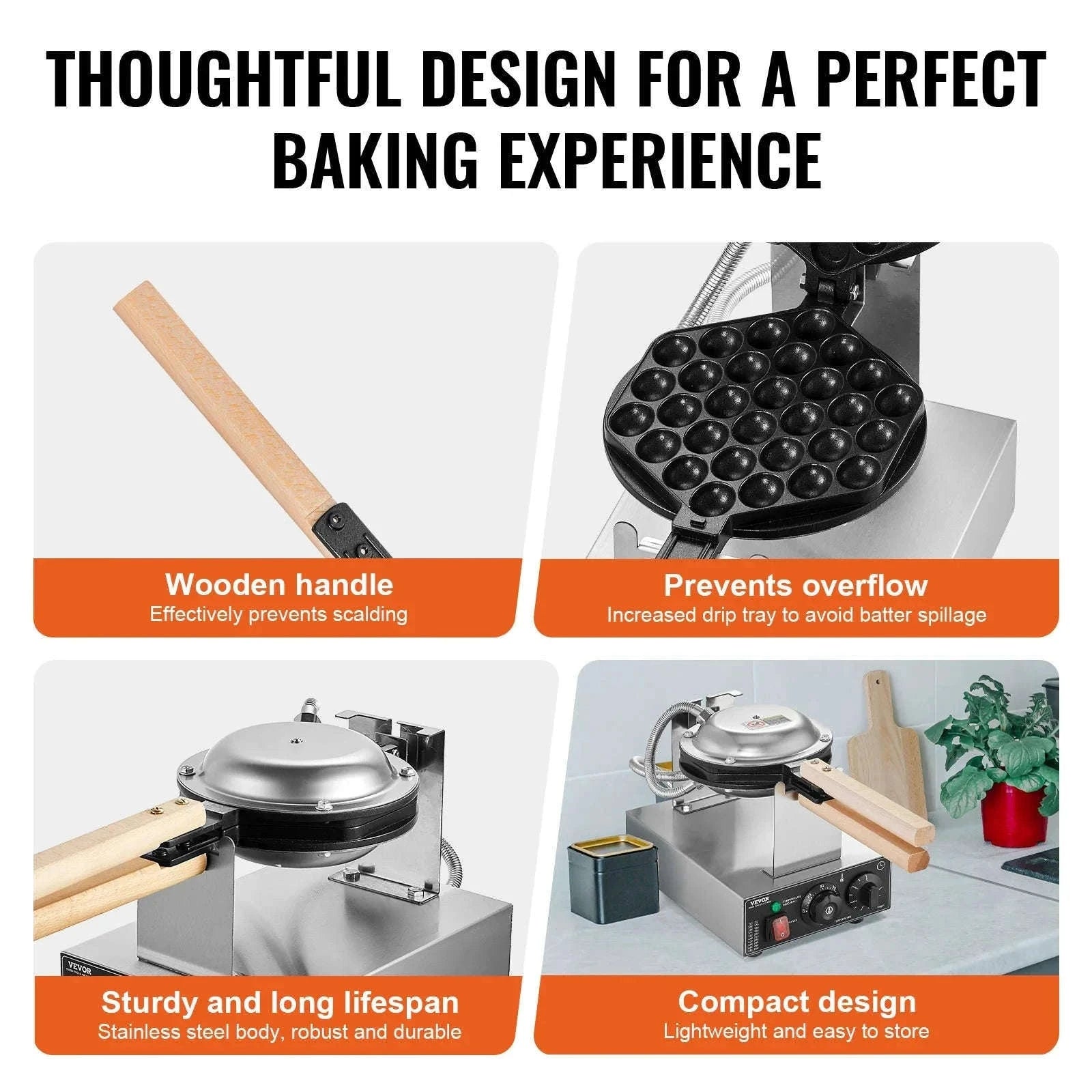 Commercial Bubble Waffle Maker 1400W Non-Stick Stainless Steel with 180° Rotating Plates-Germany