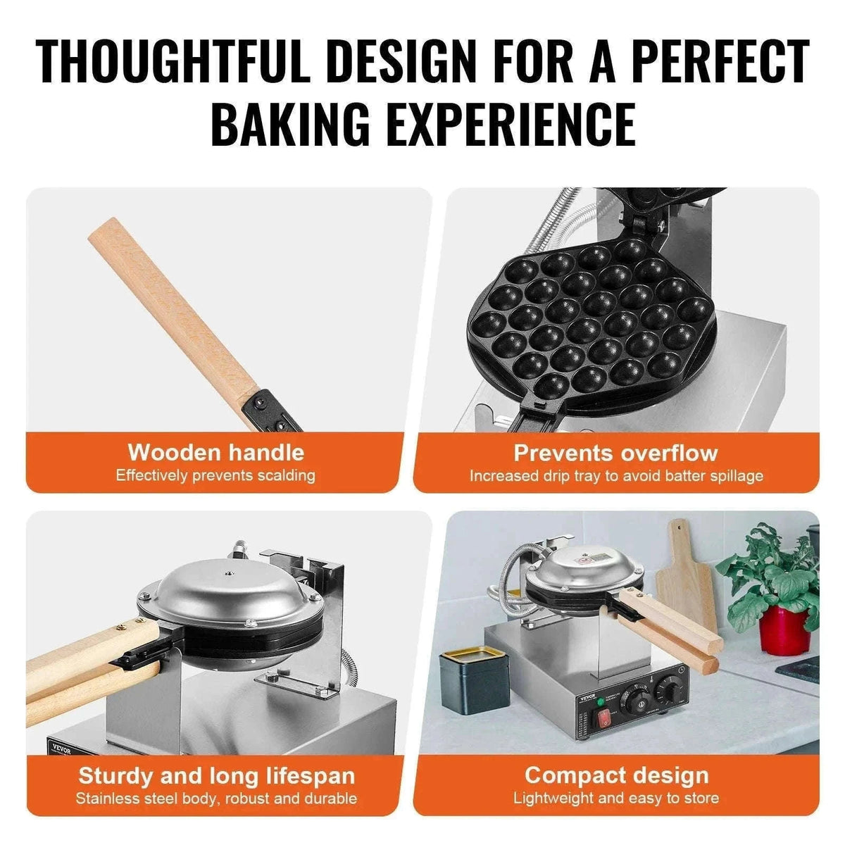 Commercial Bubble Waffle Maker 1400W Non-Stick Stainless Steel with 180° Rotating Plates-Germany