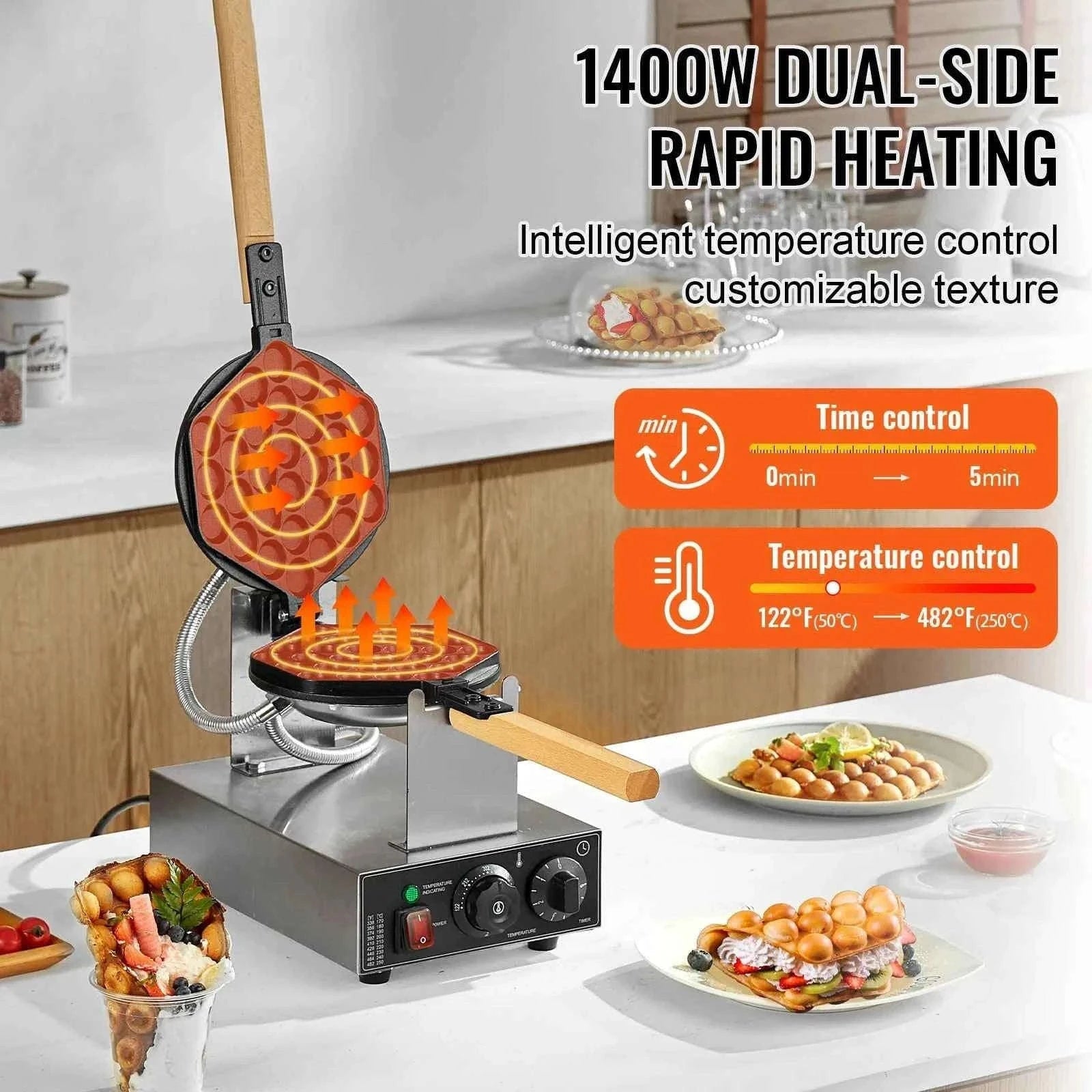 Commercial Bubble Waffle Maker 1400W Non-Stick Stainless Steel with 180° Rotating Plates-Germany