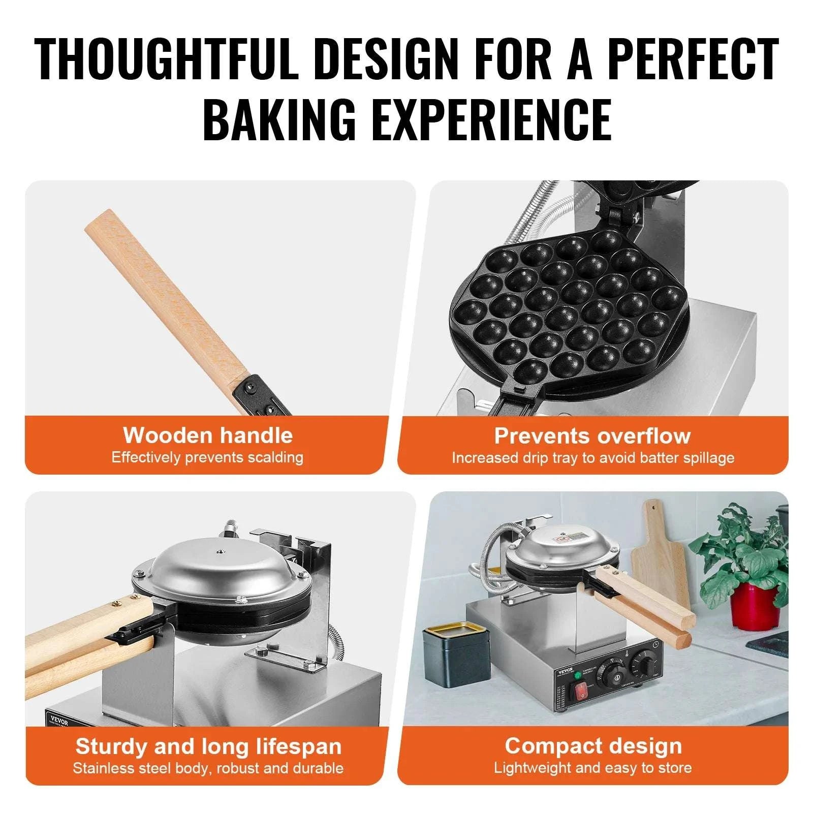 Commercial Bubble Waffle Maker 1400W Rotating Non-Stick Dual Pan-United States