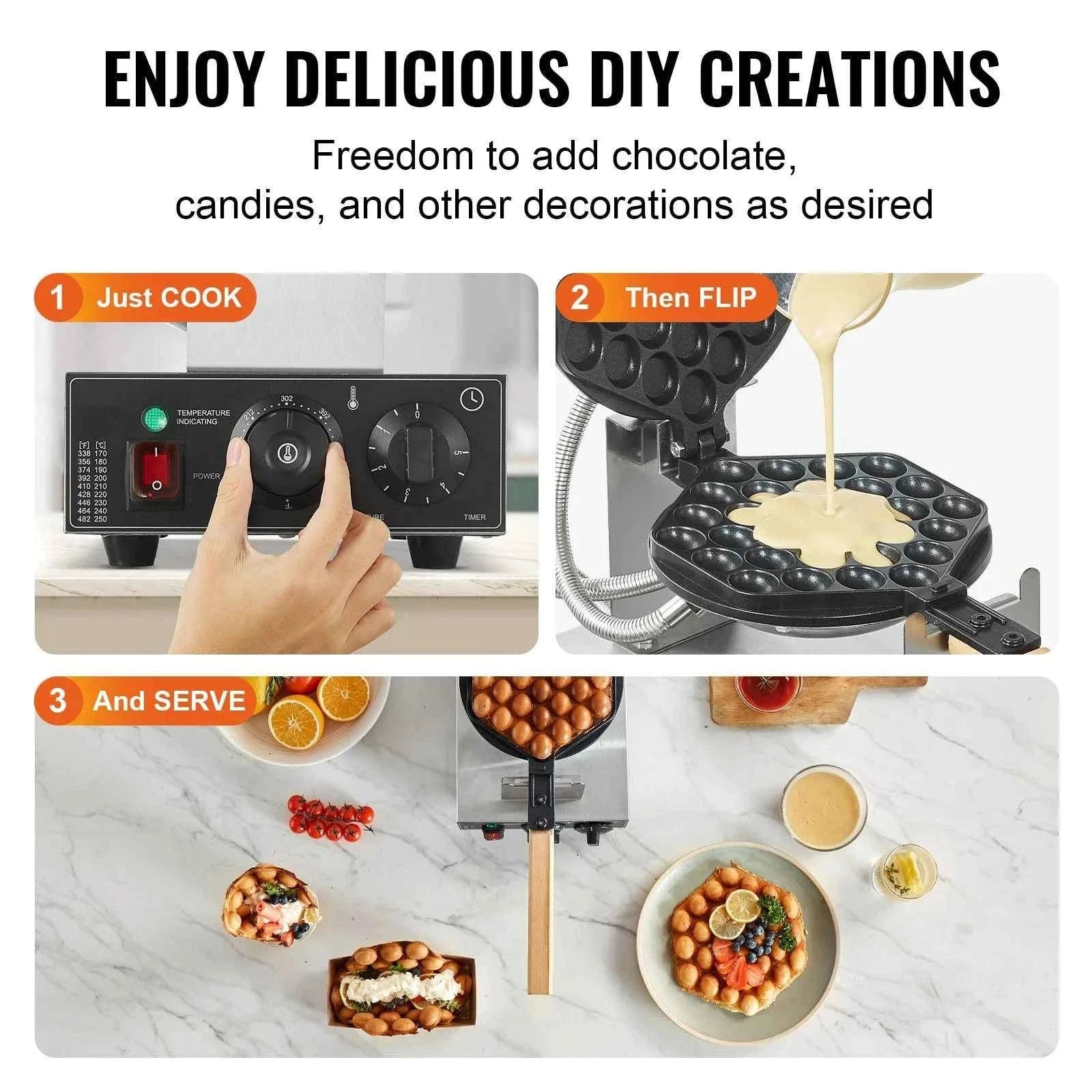 Commercial Bubble Waffle Maker Non-Stick Stainless Steel 180° Rotatable Egg Pancake Baker-1400W / Poland