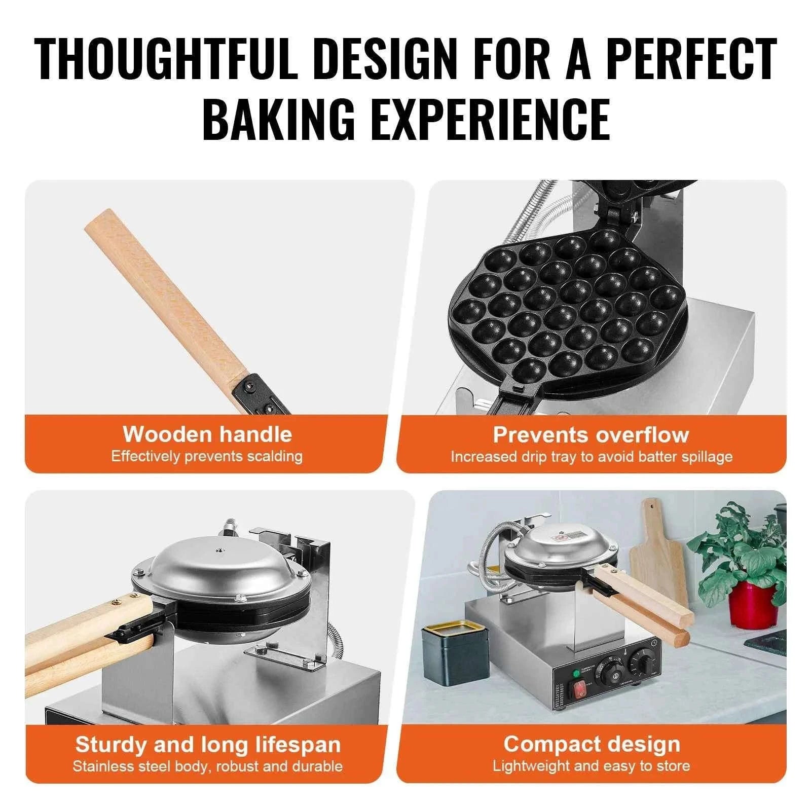 Commercial Bubble Waffle Maker Non-Stick Stainless Steel 180° Rotatable Egg Pancake Baker-1400W / Poland
