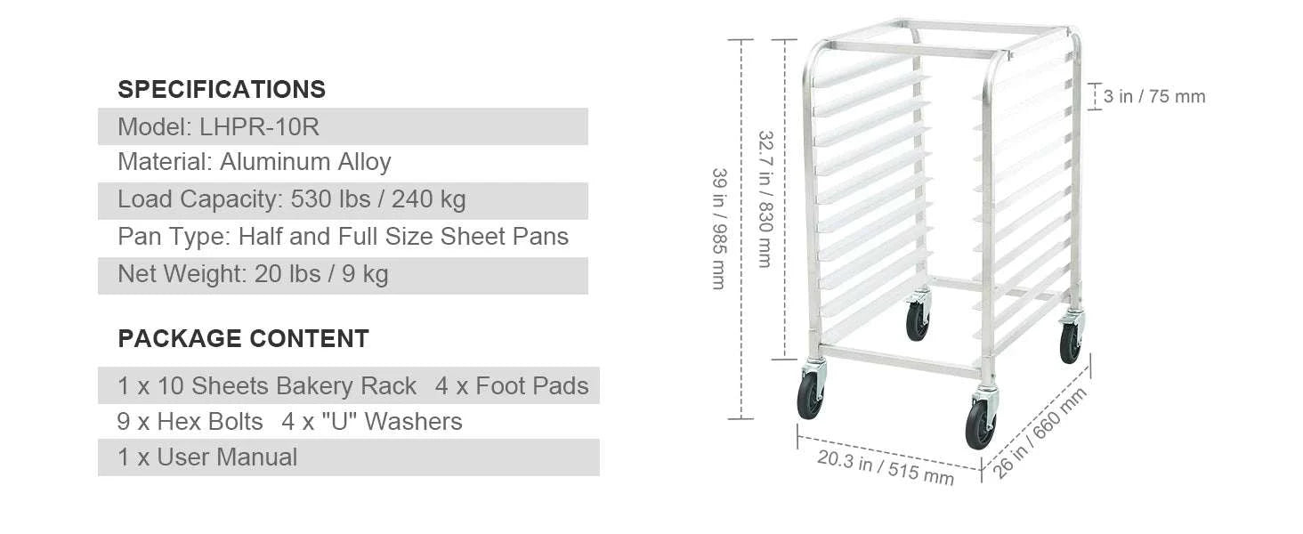 Commercial Bun Pan Rack with Brake Wheels for 10/20 Sheet Pans-10 Sheet / United States