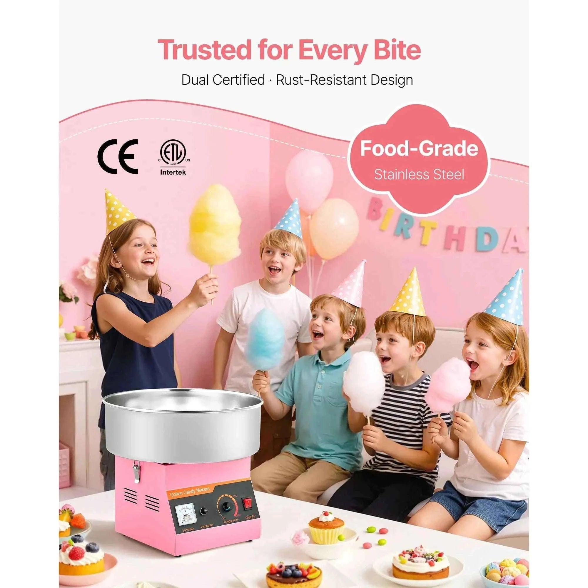 Commercial Cotton Candy Machine, 1000W Electric Candy Floss Maker with 15 Inch Stainless Steel Bowl-Pink / Germany