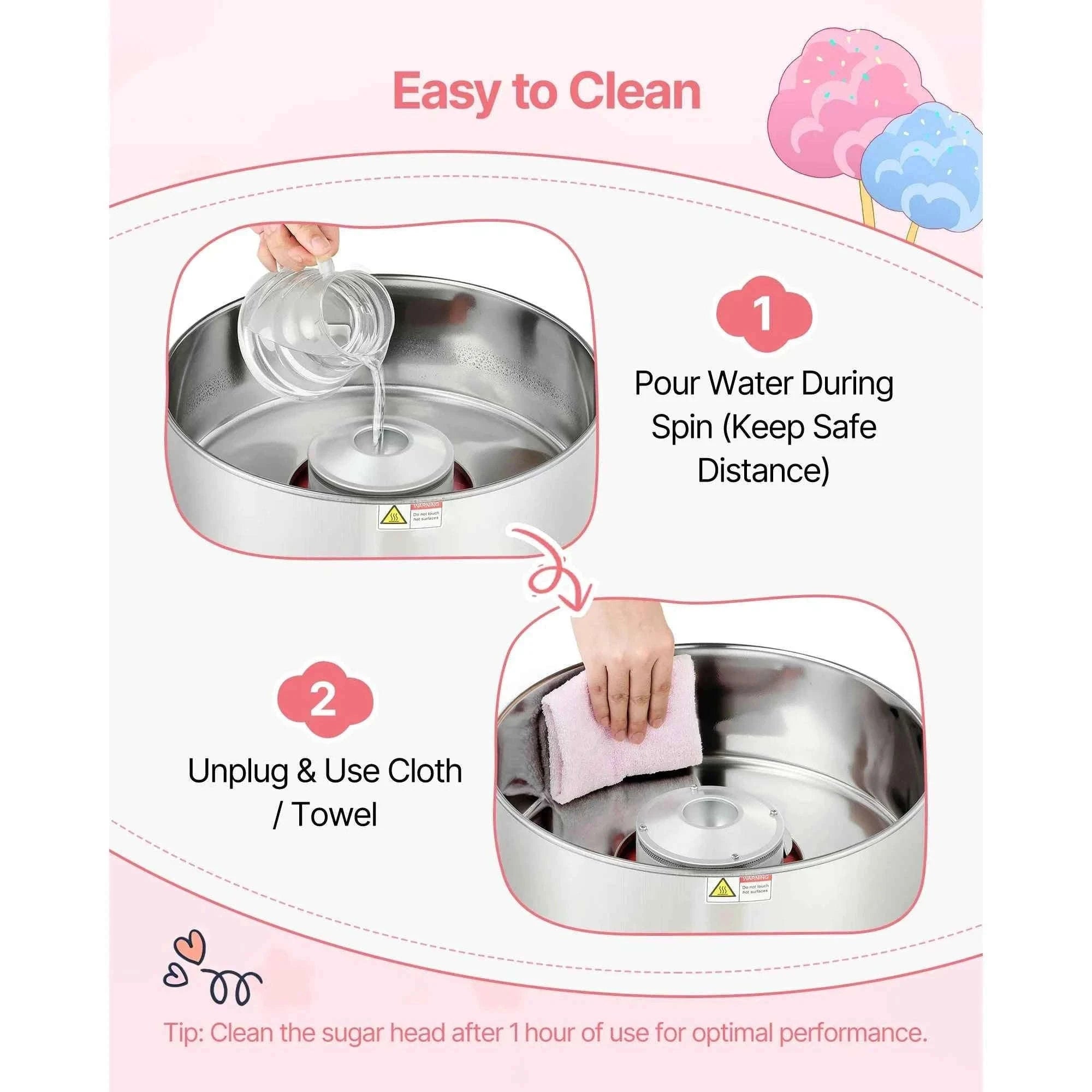 Commercial Cotton Candy Machine, 1000W Electric Candy Floss Maker with 15 Inch Stainless Steel Bowl-Pink / Germany