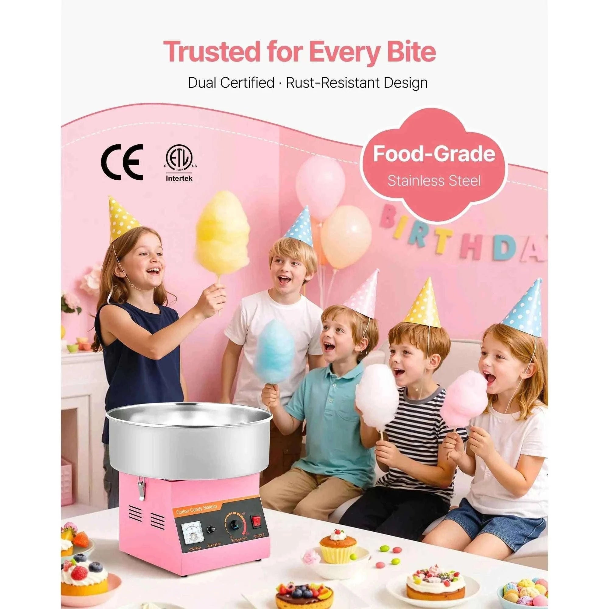 Commercial Cotton Candy Machine, 1000W Electric Candy Floss Maker with 15 Inch Stainless Steel Bowl-Pink / Germany