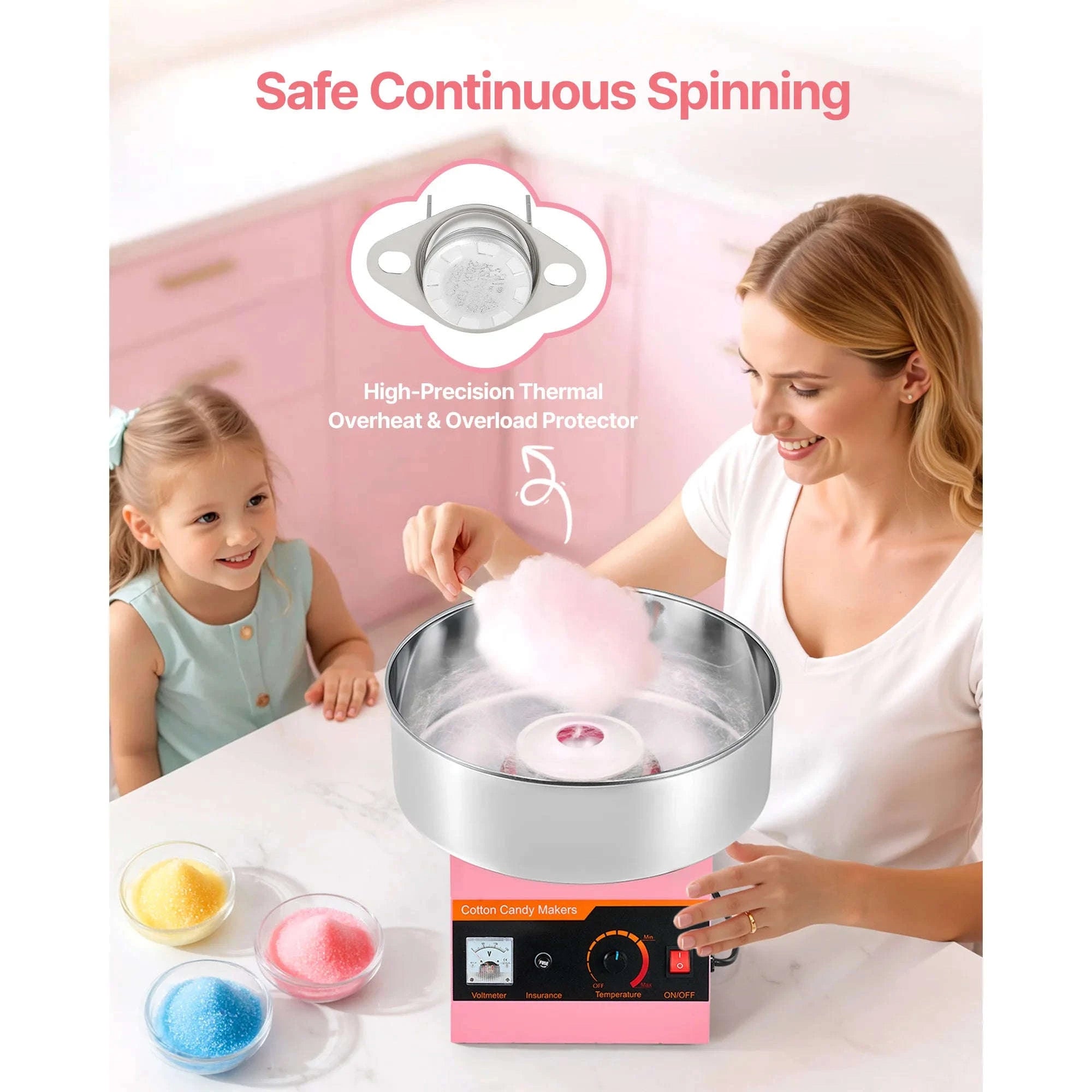 Commercial Cotton Candy Machine, 1000W Electric Candy Floss Maker with 15 Inch Stainless Steel Bowl-Pink / Germany