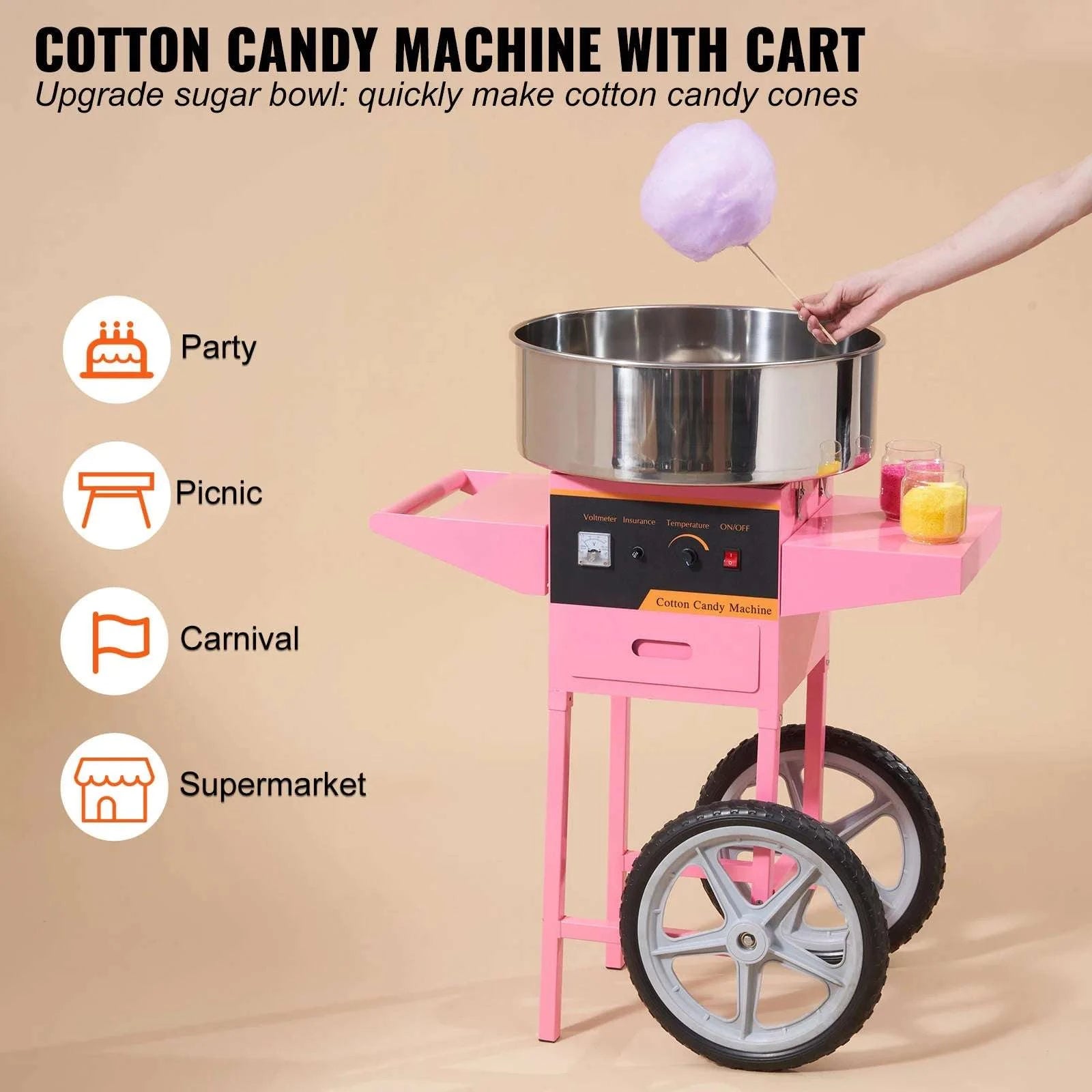 Commercial Cotton Candy Machine with Cart 1050W High Output Maker-pink with cart / United States