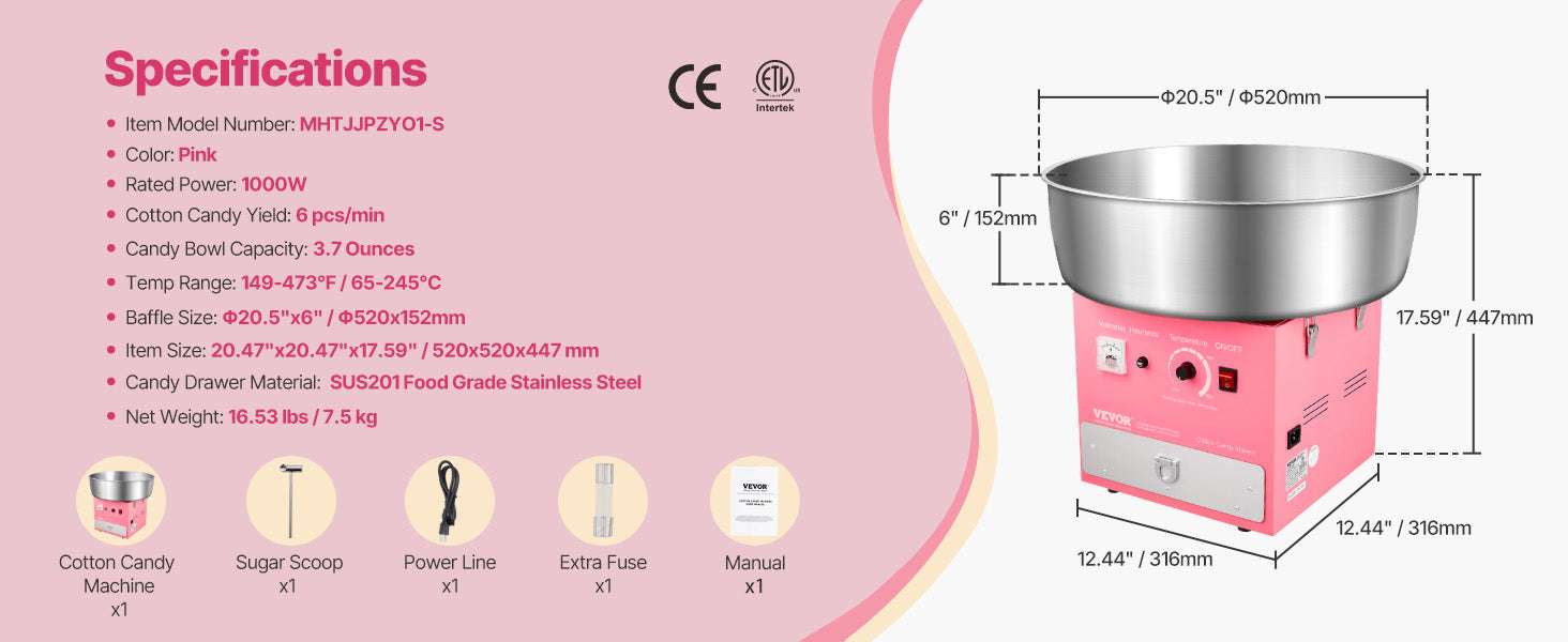 Commercial Cotton Candy Machine with Large Bowl for Parties-Pink / Poland