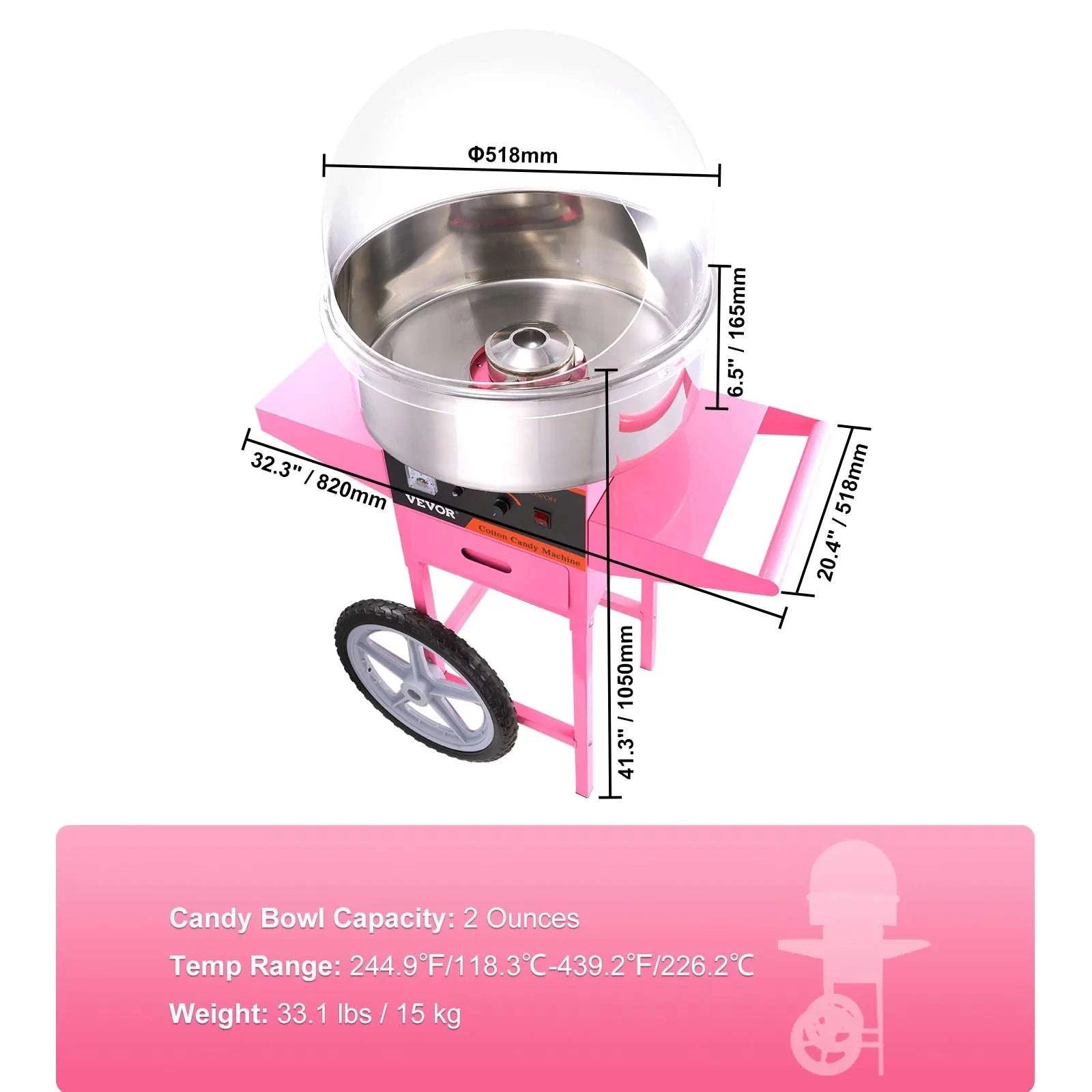 Commercial Cotton Candy Machine with Stainless Steel Bowl & Drawer-Pink with Cart / United States