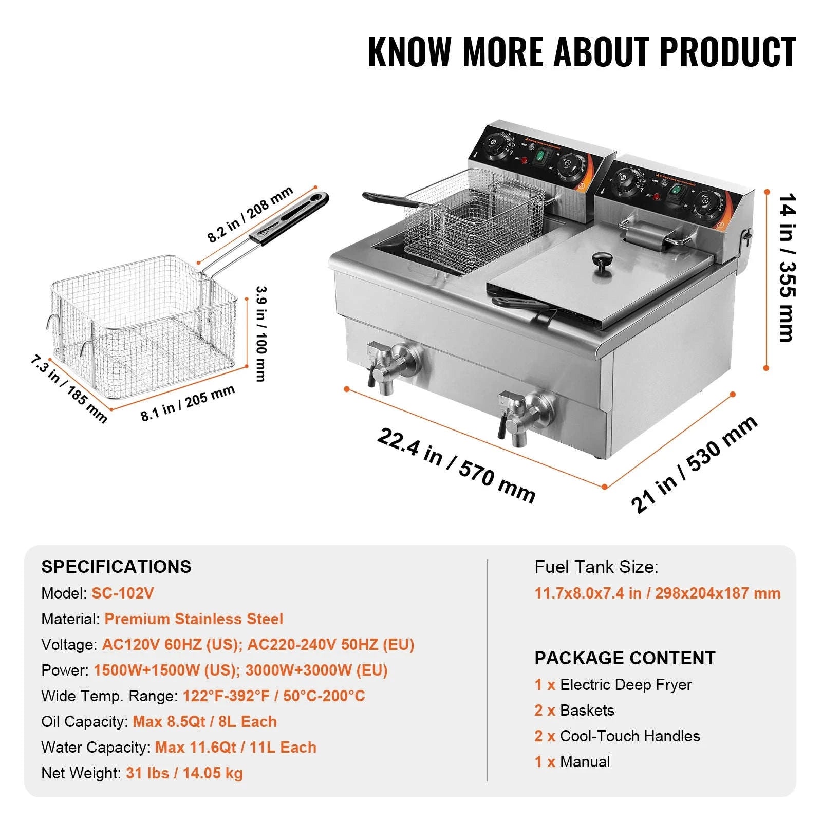 Commercial Deep Fryer 2 x 11L Double Stainless Steel Oil Fryer with Filtration-2 x 11.6Qt / france