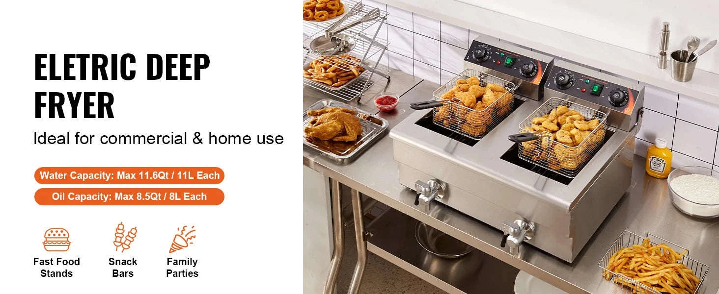 Commercial Deep Fryer 2 x 11L Double Stainless Steel Oil Fryer with Filtration-2 x 11.6Qt / france