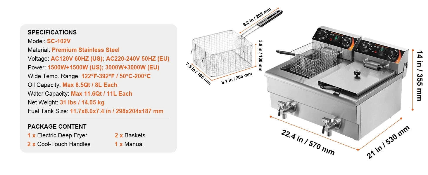 Commercial Deep Fryer 2 x 11L Double Stainless Steel Oil Fryer with Filtration-2 x 11.6Qt / france