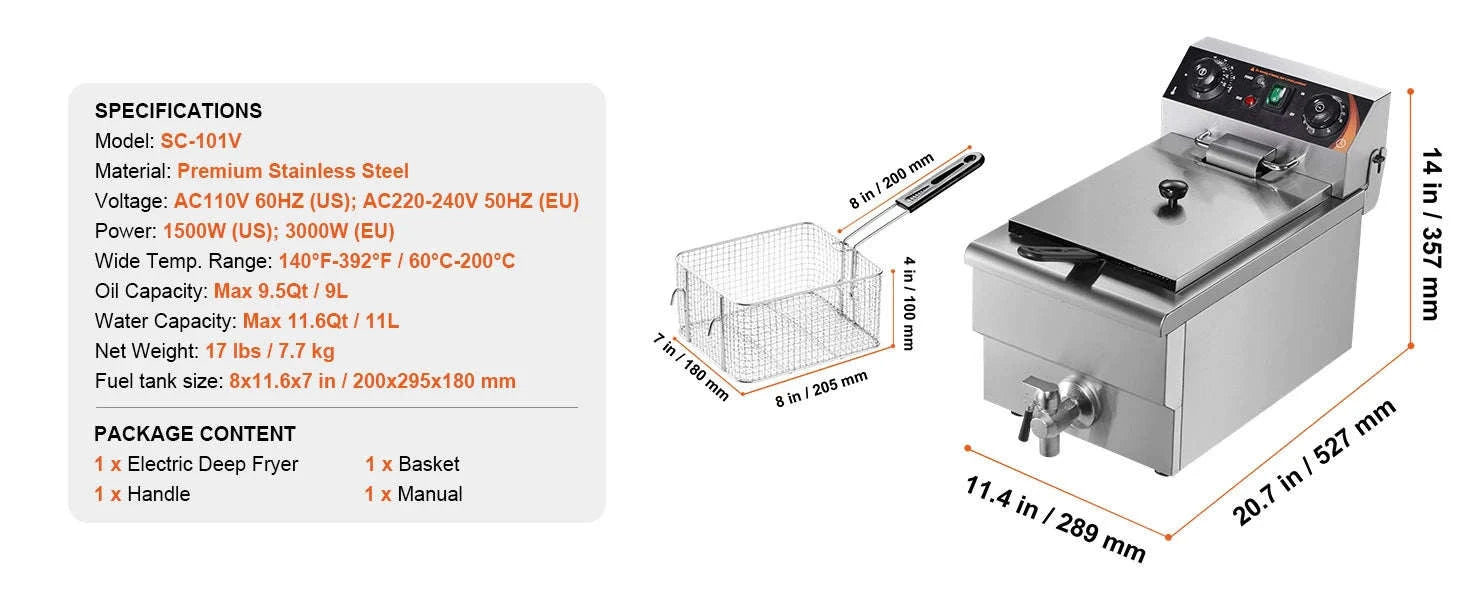 Commercial Deep Fryer Electric Countertop Stainless Steel Single Fryer-Upgraded type / france
