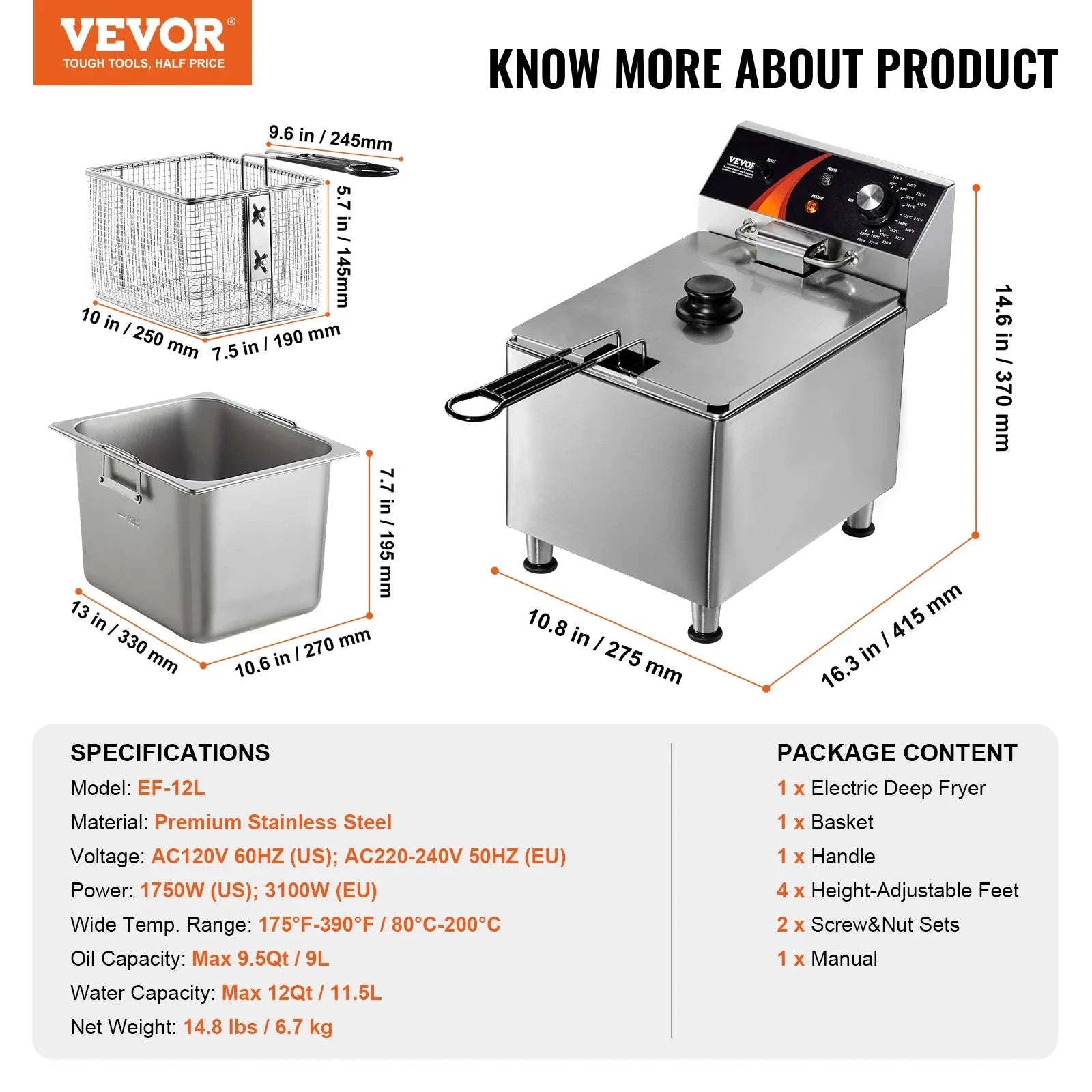 Commercial Deep Fryer Electric Countertop Stainless Steel Single Fryer-Upgraded type / france
