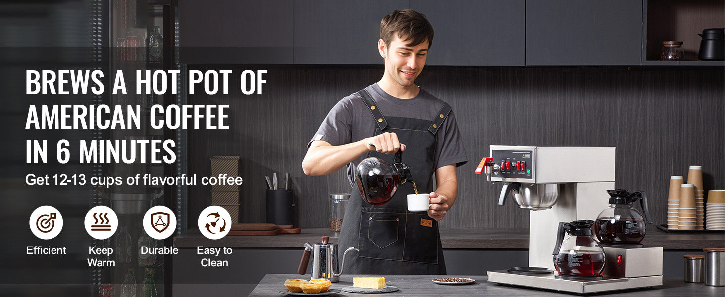 12-Cup Commercial Drip Coffee Maker with 3 Glass Carafes and 3 Warming Plates