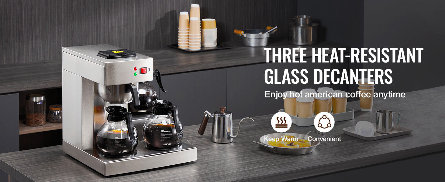 12-Cup Commercial Drip Coffee Maker with 3 Glass Carafes and 3 Warming Plates