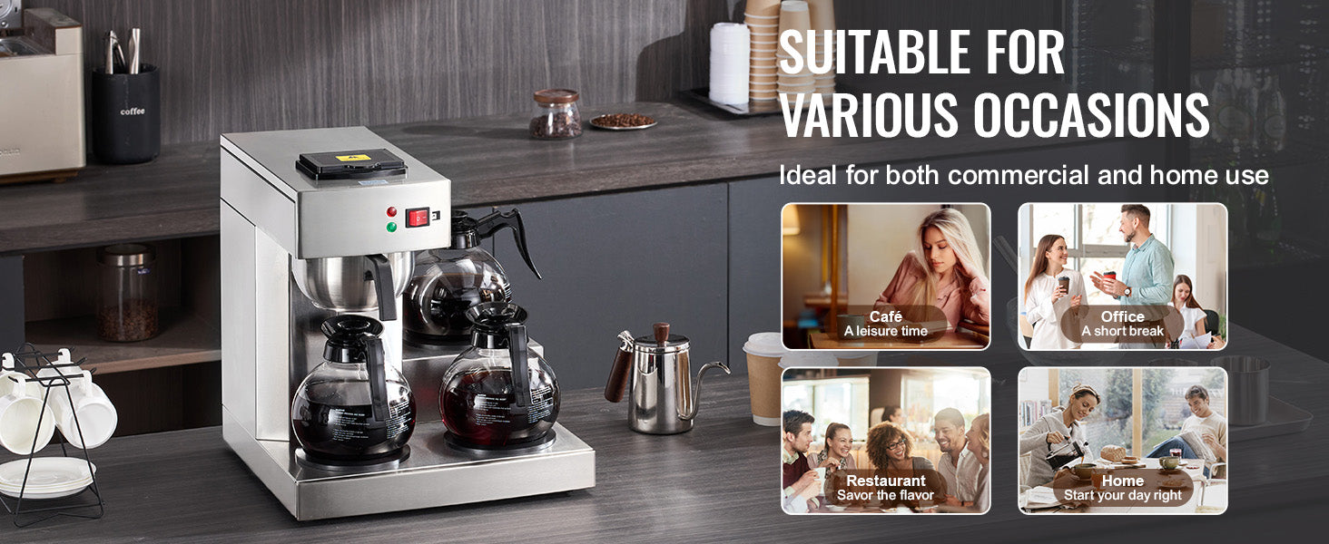 12-Cup Commercial Drip Coffee Maker with 3 Glass Carafes and 3 Warming Plates