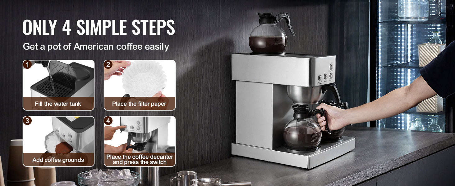 Commercial Drip Coffee Maker with Glass Carafes and Warming Plates-4 Warming Zones / United States