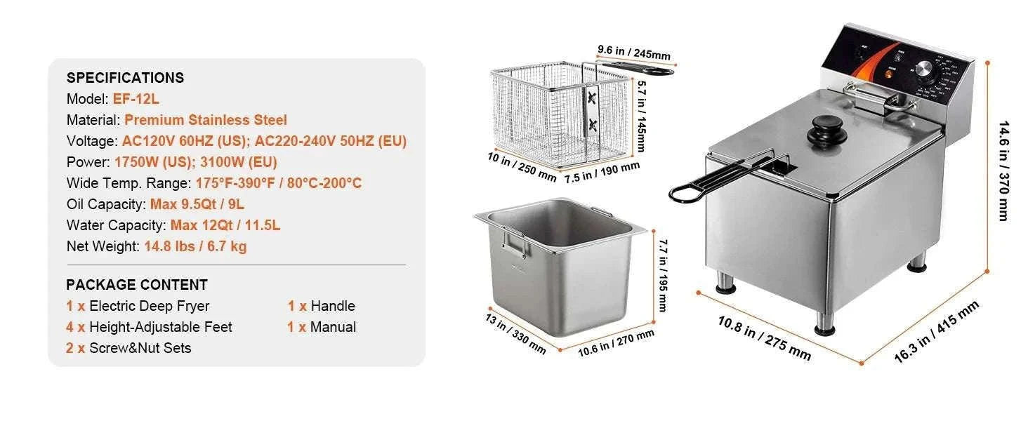 Commercial Electric Countertop Deep Fryer, Stainless Steel 9L-Basic type / United States