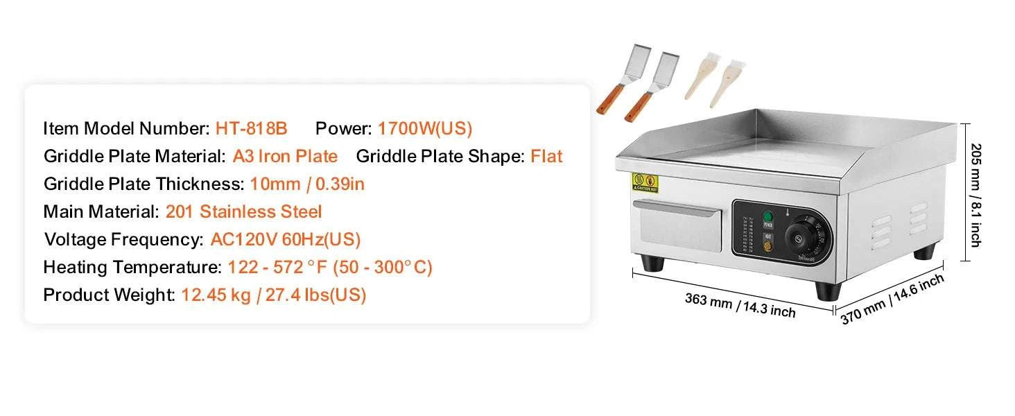 Commercial Electric Griddle 122–572°F Flat Top Countertop Grill-14inch / United States