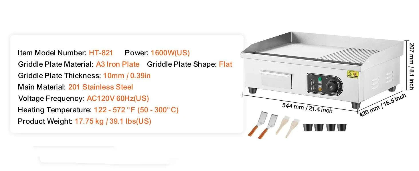 Commercial Electric Griddle 122–572°F Flat Top Countertop Grill-14inch / United States