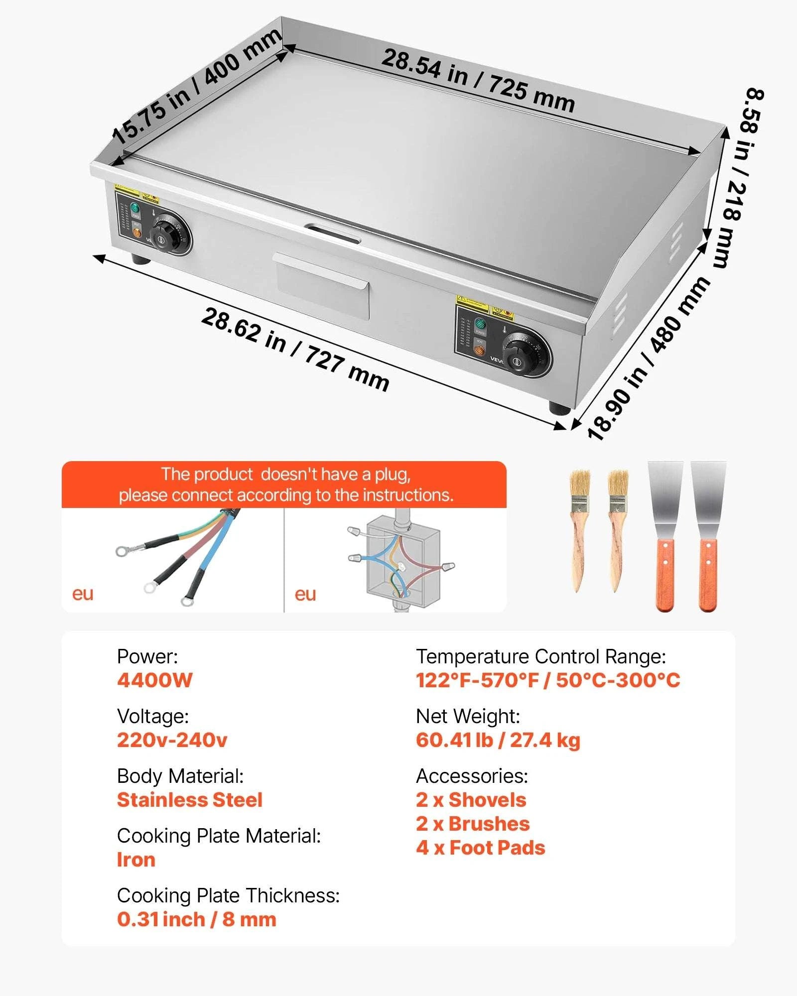 Commercial Electric Griddle 3200W Flat Top Grill with Temp Control-28.5inch Half flat / United States