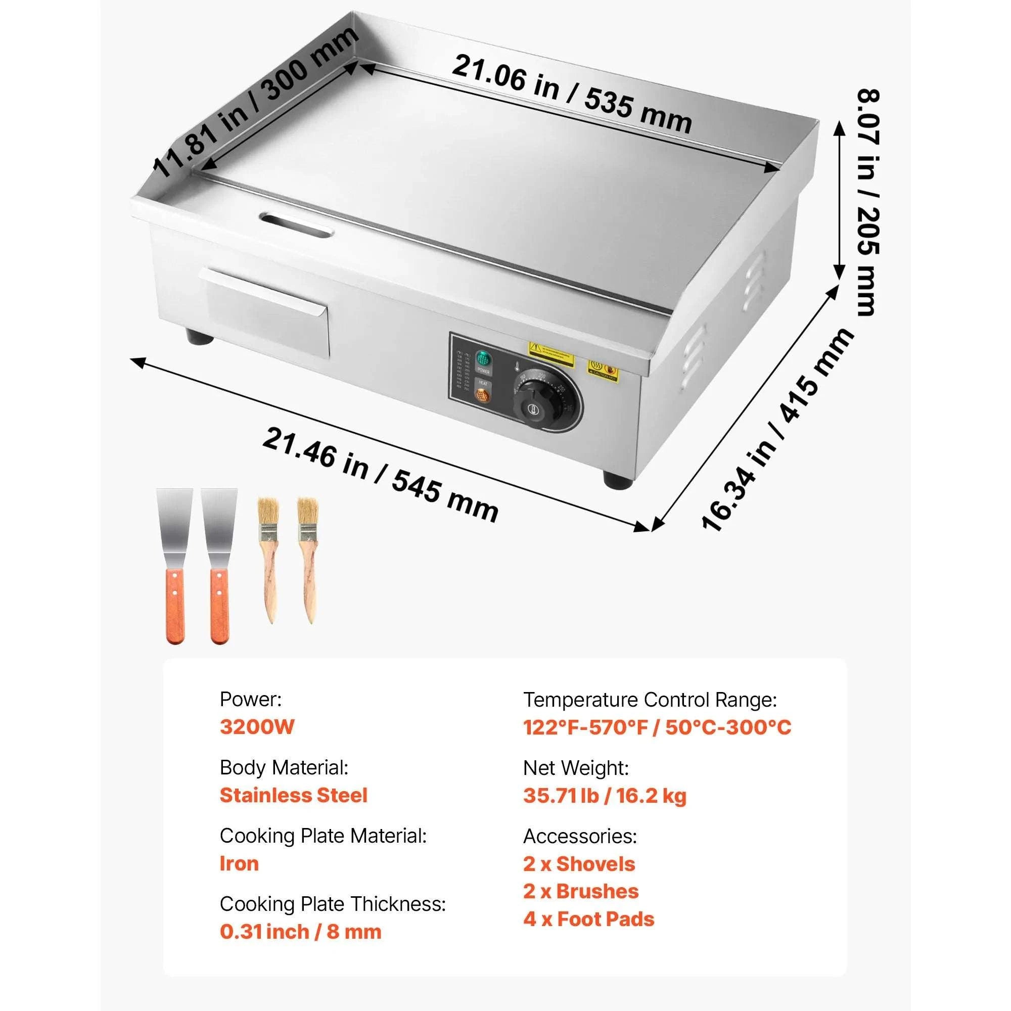 Commercial Electric Griddle 3200W Flat Top Grill with Temp Control-28.5inch Half flat / United States